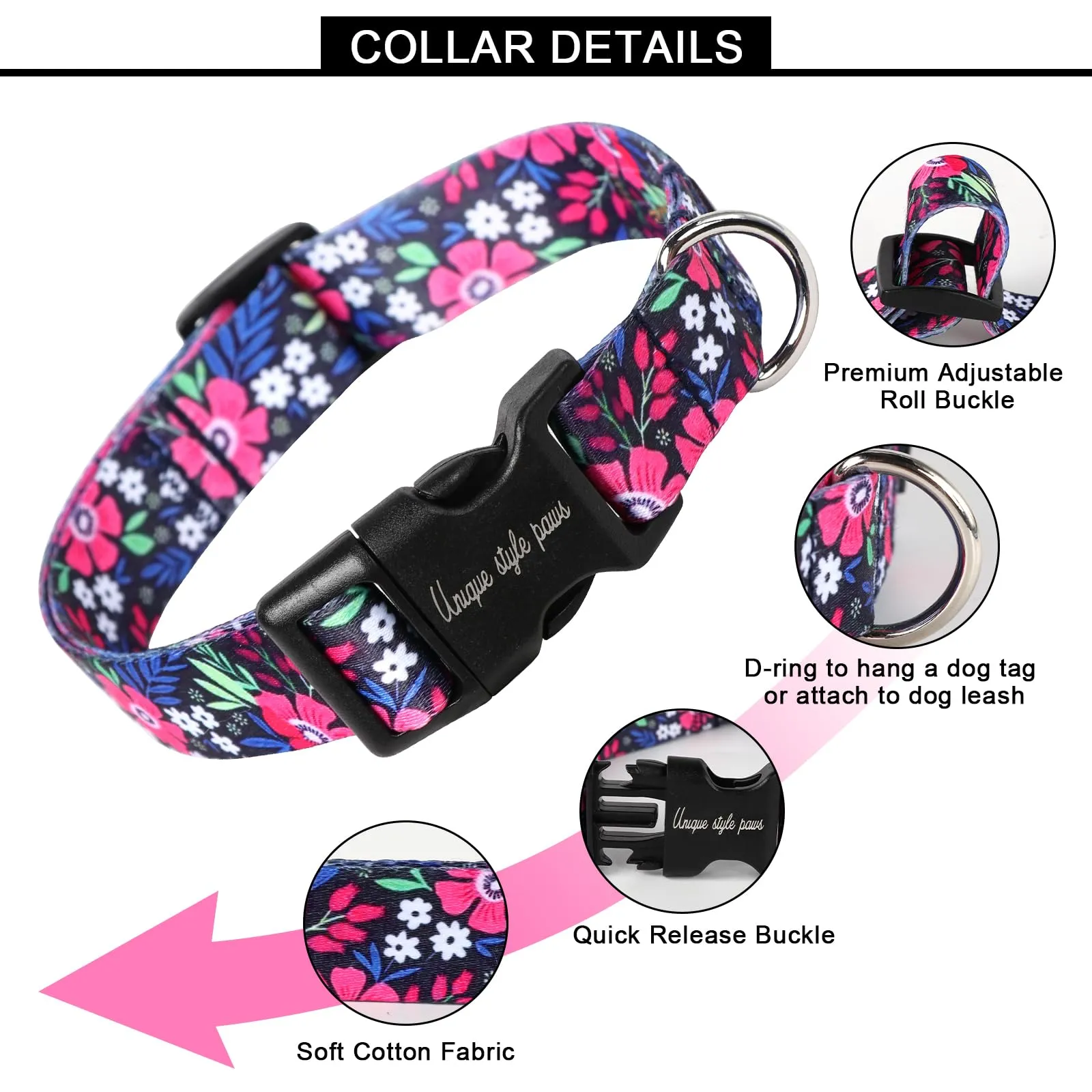 Collare per cani con fiore rosa di Unique Style Paws, imbracature, collari e guinzagli per cani, collare largo con farfalla, catena per cani, collare per cani, guinzaglio, regali per cani di taglia - immagine 2
