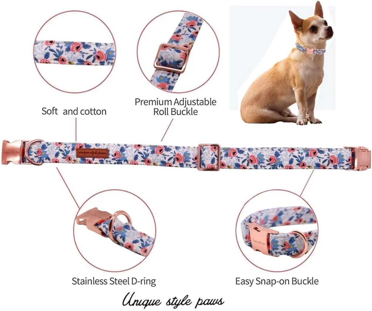 Unique style paws Collare per cani con fiore blu, imbracature, collari e guinzagli per cane, catena con farfalla, collare per cane, collare largo, collare per cani di taglia piccola, media e grande - immagine 2