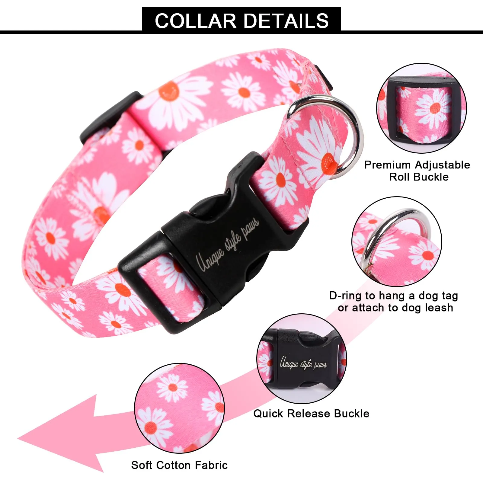 Unique style paws Collare per Cani Rosa Margherita Pettorina Collari e Guinzagli per Collare Cane Largo Papillon Catena Cane Dog Collar Collare a Strangolo Regali per Cani Piccoli Medi Grandi XS - immagine 2