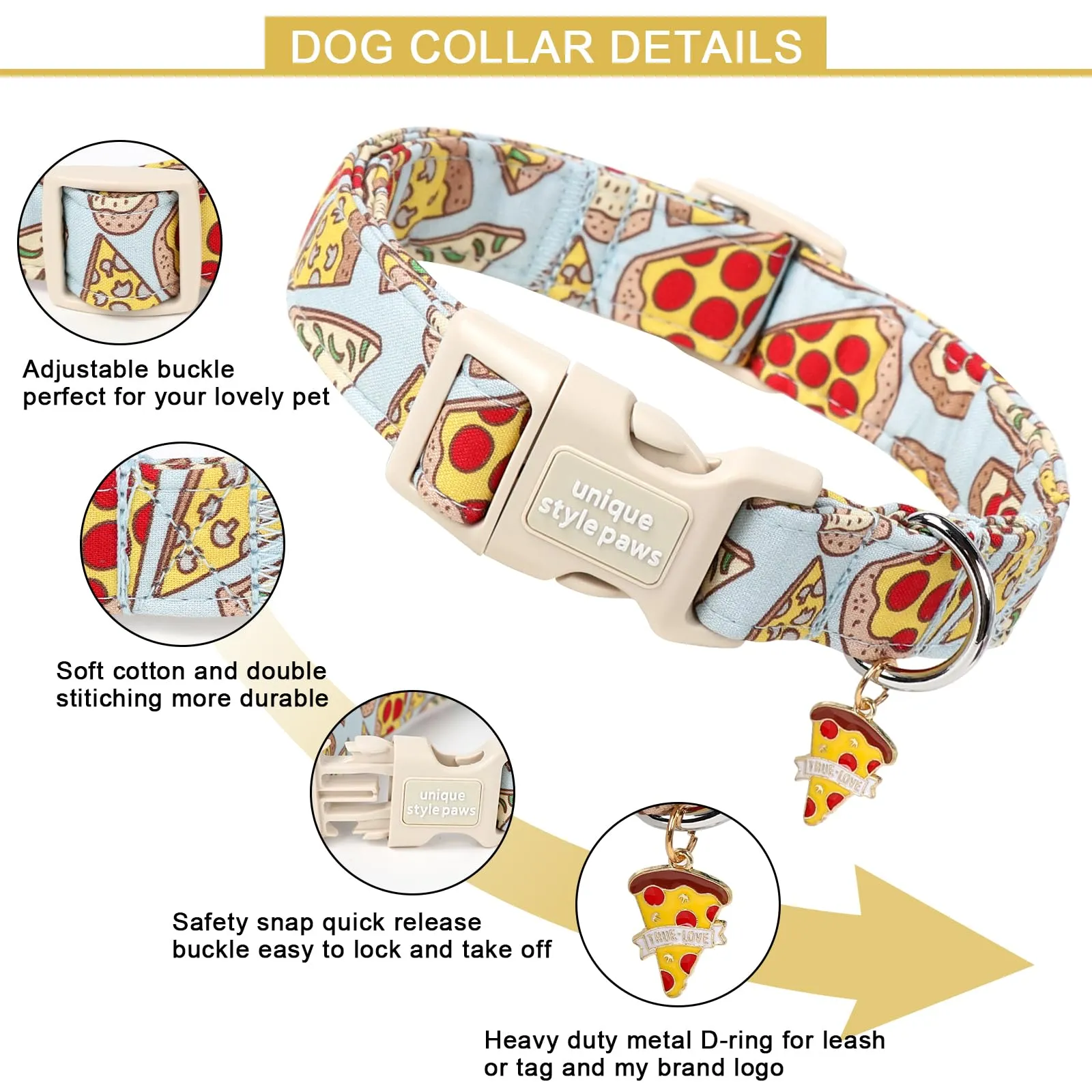 Unique Style Paws Collare di cotone con pizza e chiusura rapida - resistente, carino per cani di piccola, media e grande taglia, maschi e femmine, regalo - immagine 3