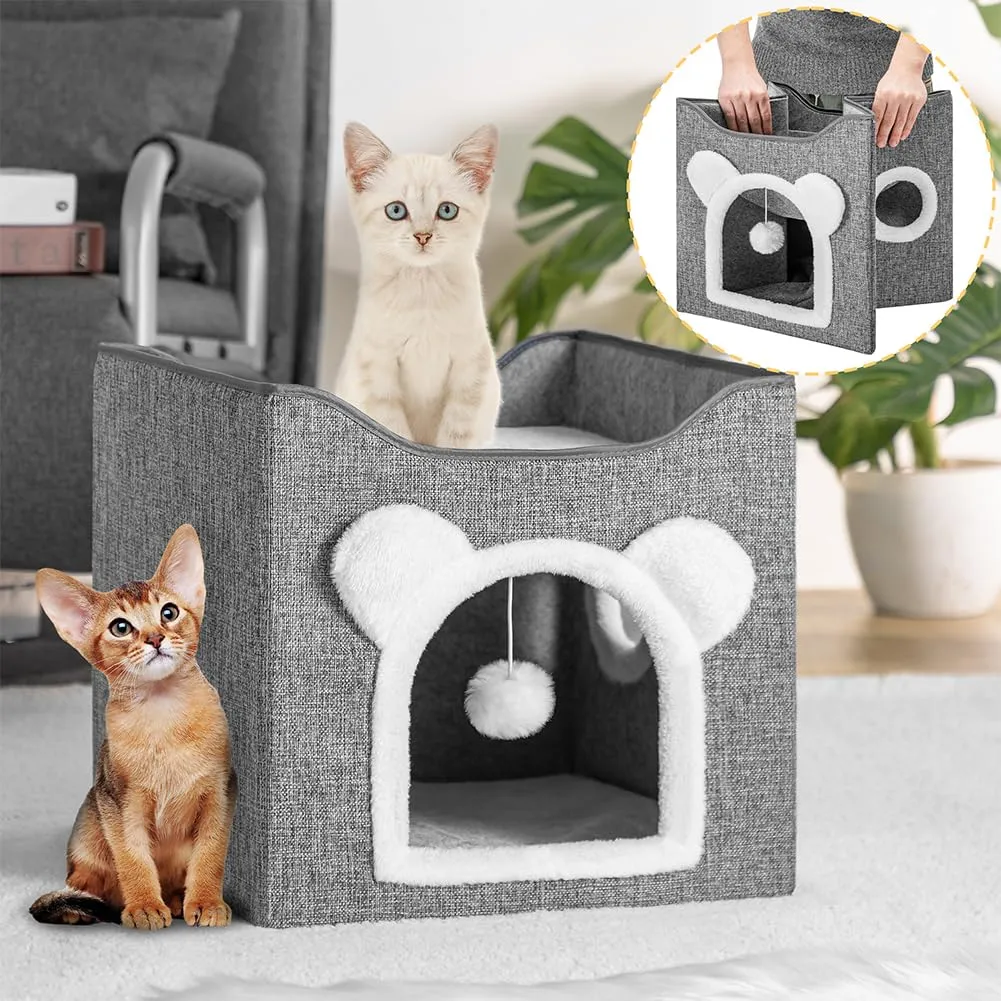 BAKAJI Cuccia per Gatti Grigio con Ingresso ad Arco, Casetta 40 x 40 x 38 cm, Tiragraffi per Animali Domestici in Poliestere Caldo e Imbottito, Cuccetta Graffiatoio, 2 Ripiani con Base Antiscivolo - immagine 3