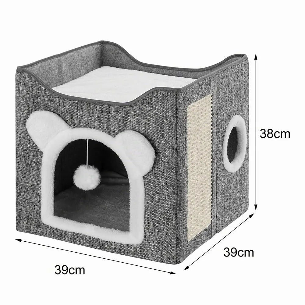 BAKAJI Cuccia per Gatti Grigio con Ingresso ad Arco, Casetta 40 x 40 x 38 cm, Tiragraffi per Animali Domestici in Poliestere Caldo e Imbottito, Cuccetta Graffiatoio, 2 Ripiani con Base Antiscivolo - immagine 6