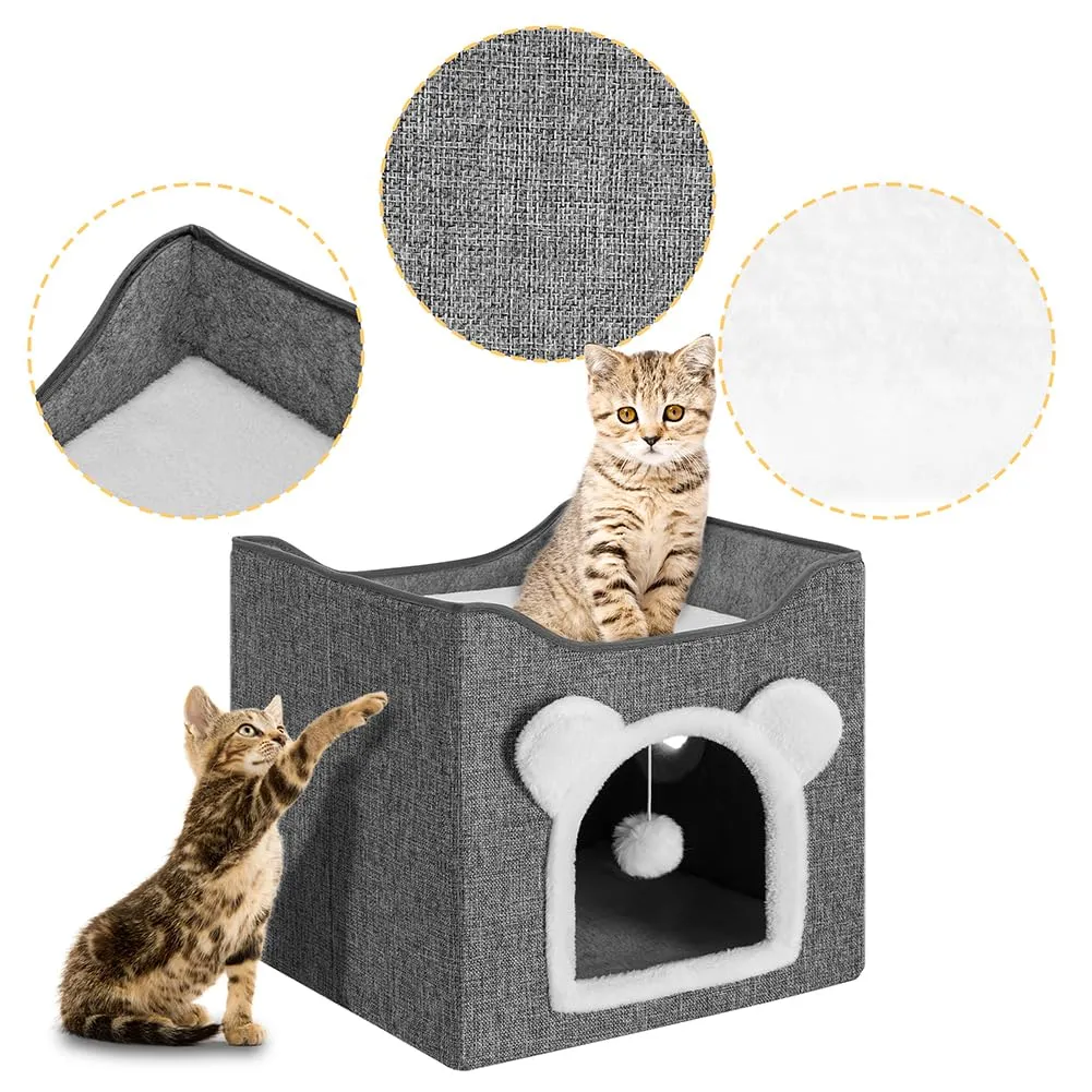 BAKAJI Cuccia per Gatti Grigio con Ingresso ad Arco, Casetta 40 x 40 x 38 cm, Tiragraffi per Animali Domestici in Poliestere Caldo e Imbottito, Cuccetta Graffiatoio, 2 Ripiani con Base Antiscivolo - immagine 7