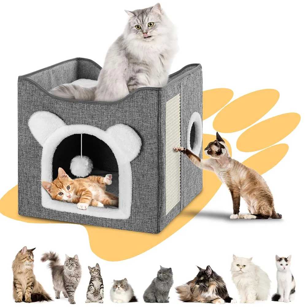 BAKAJI Cuccia per Gatti Grigio con Ingresso ad Arco, Casetta 40 x 40 x 38 cm, Tiragraffi per Animali Domestici in Poliestere Caldo e Imbottito, Cuccetta Graffiatoio, 2 Ripiani con Base Antiscivolo - immagine 8