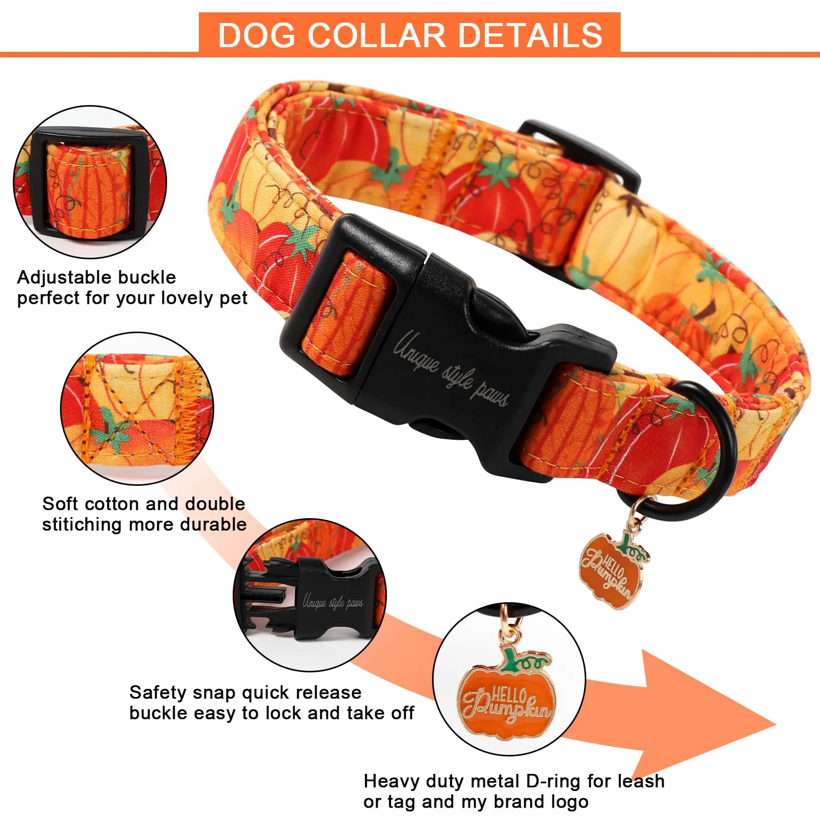 Unique style paws Collare per cani di Halloween, adorabile collare a forma di zucca con chiusura rapida in fibbia di plastica, comodo collare in cotone per cani maschi e femmine - immagine 3