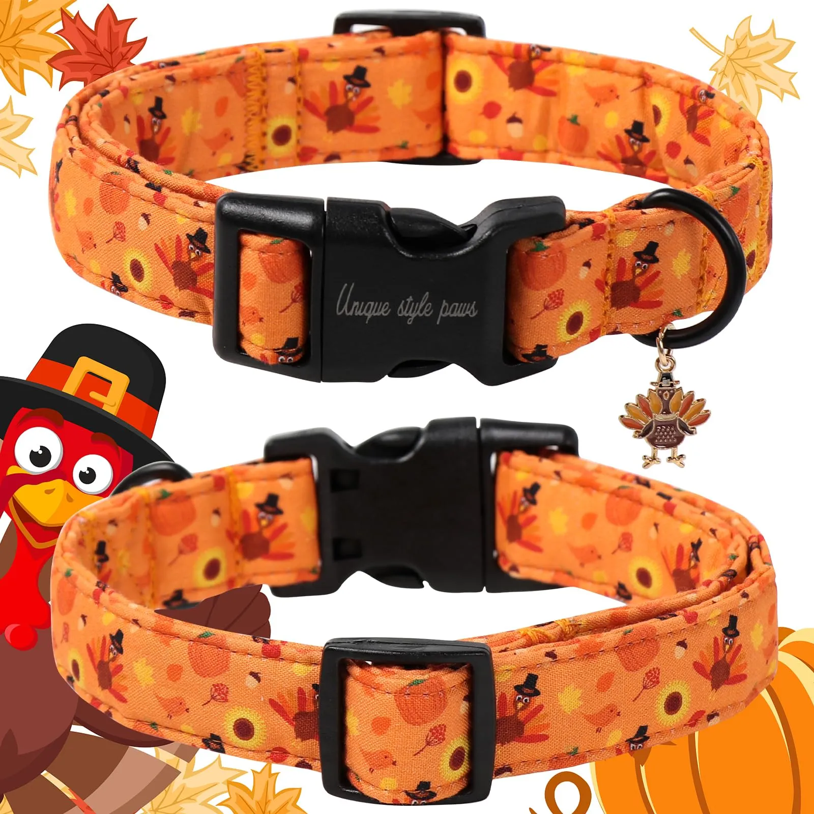 Unique style paws Collare di Halloween per cani, adorabile collare a forma di zucca con chiusura rapida in plastica, comodo collare in cotone per cani maschi e femmine - immagine 2