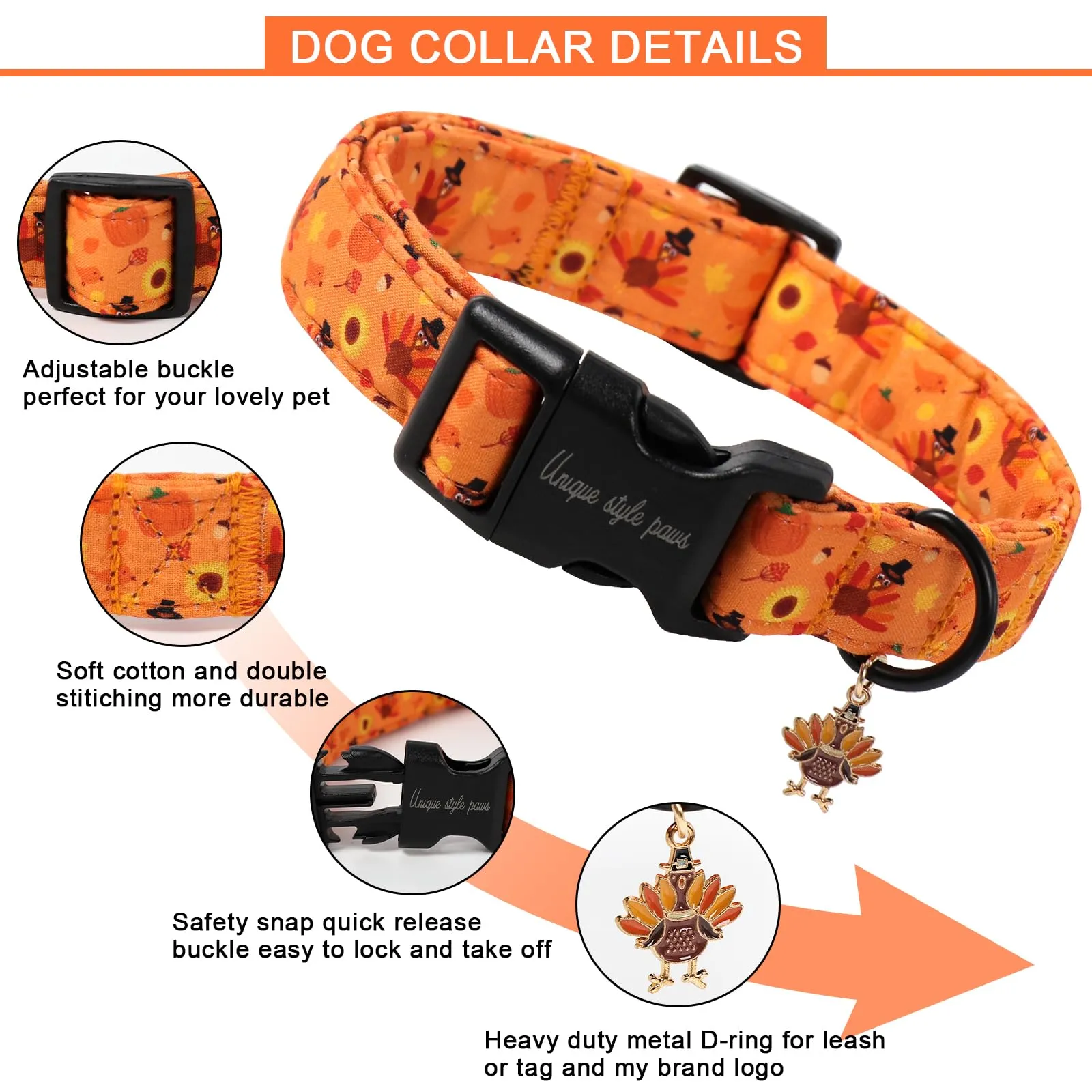 Unique style paws Collare di Halloween per cani, adorabile collare a forma di zucca con chiusura rapida in plastica, comodo collare in cotone per cani maschi e femmine - immagine 3