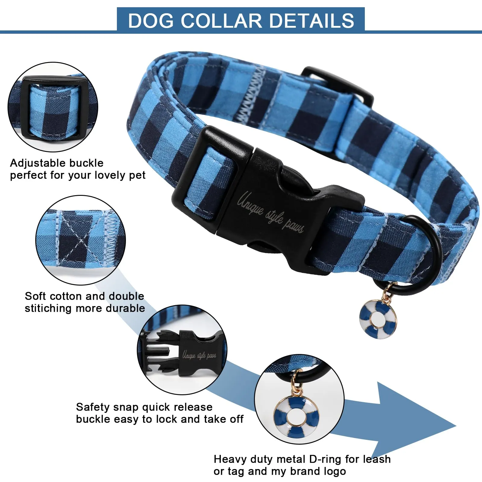Unique Style Paws Collare per cani, Collare a quadri con chiusura rapida in fibbia di plastica, comodo collare in cotone per cani maschi e femmine - immagine 3