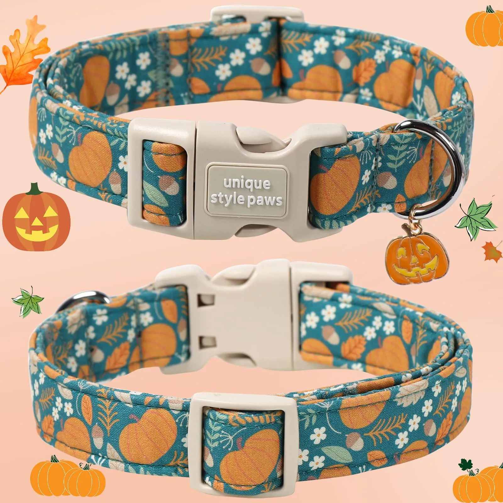 Unique Style Paws Collare per cani di Halloween, grazioso collare per cani a forma di zucca con fibbia in plastica a sgancio rapido, comodo collare in cotone verde per cani maschi e femmine - immagine 2