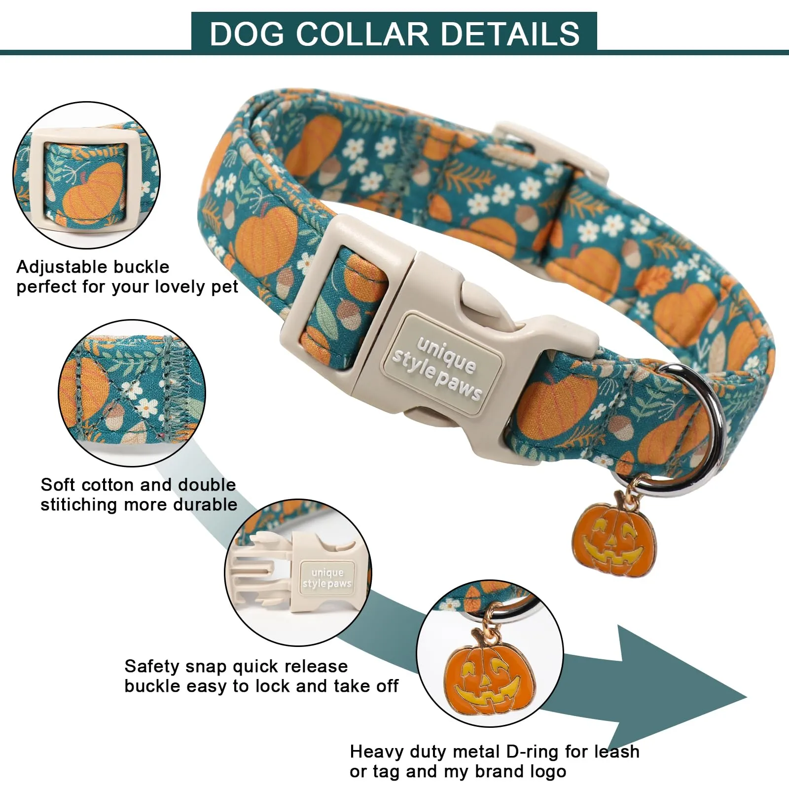Unique Style Paws Collare per cani di Halloween, grazioso collare per cani a forma di zucca con fibbia in plastica a sgancio rapido, comodo collare in cotone verde per cani maschi e femmine - immagine 3