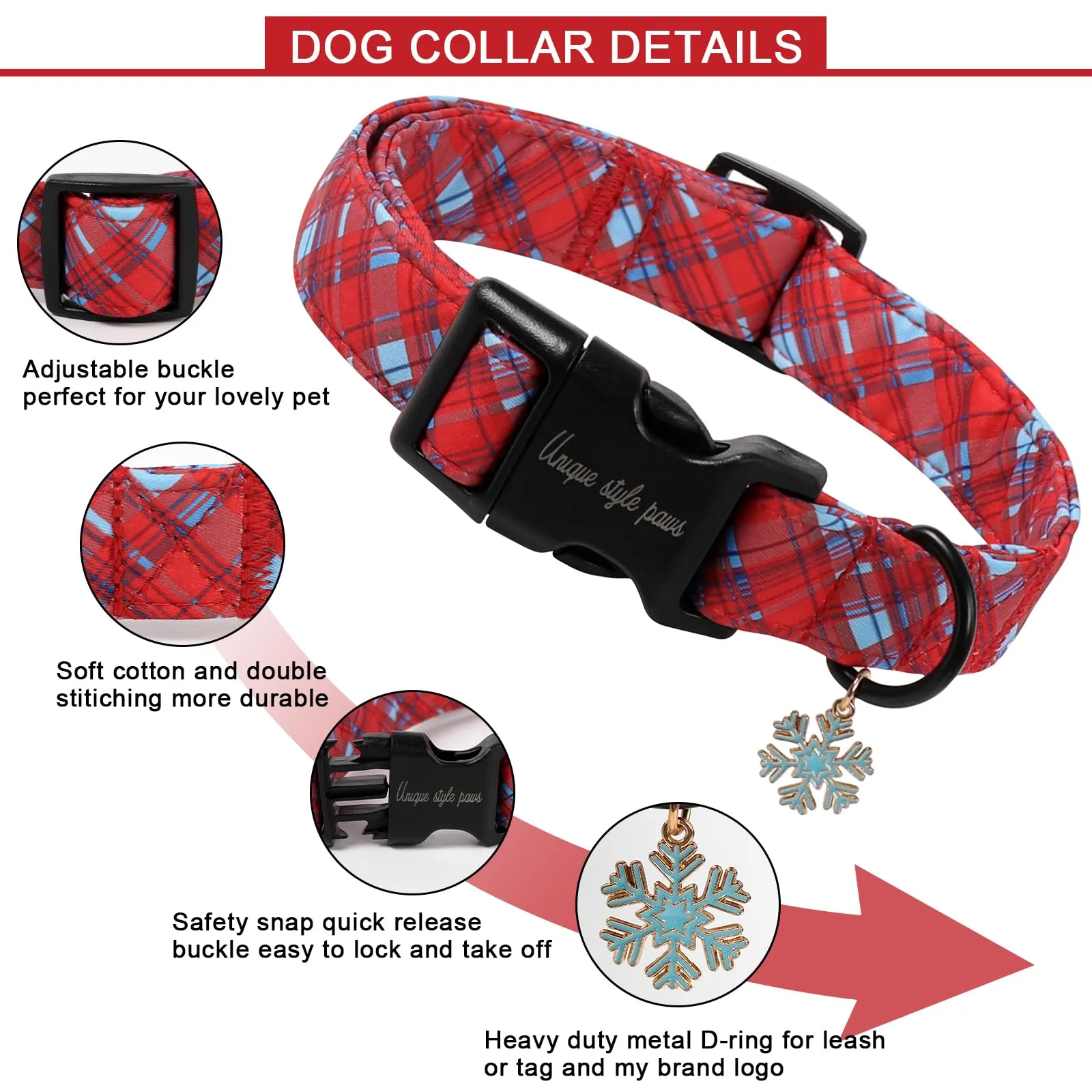 Unique style paws Collare natalizio a quadri rossi per cani con charm a fiocco di neve, collare festivo regolabile con chiusura rapida, collare natalizio per cani di tutte le taglie - immagine 3