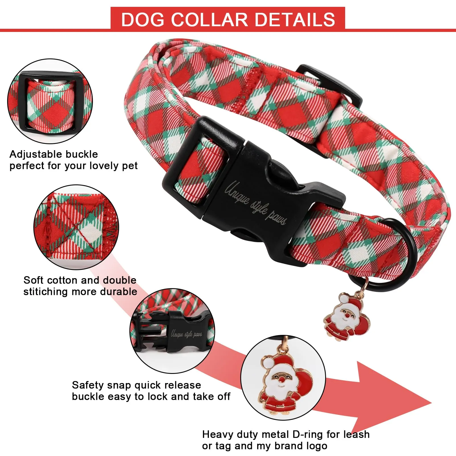 Unique style paws Collare per cani di Natale a plaid rosso verde con Babbo Natale – Collare per cani festivo regolabile con lembo a sgancio rapido, collare natalizio per Natale - immagine 3