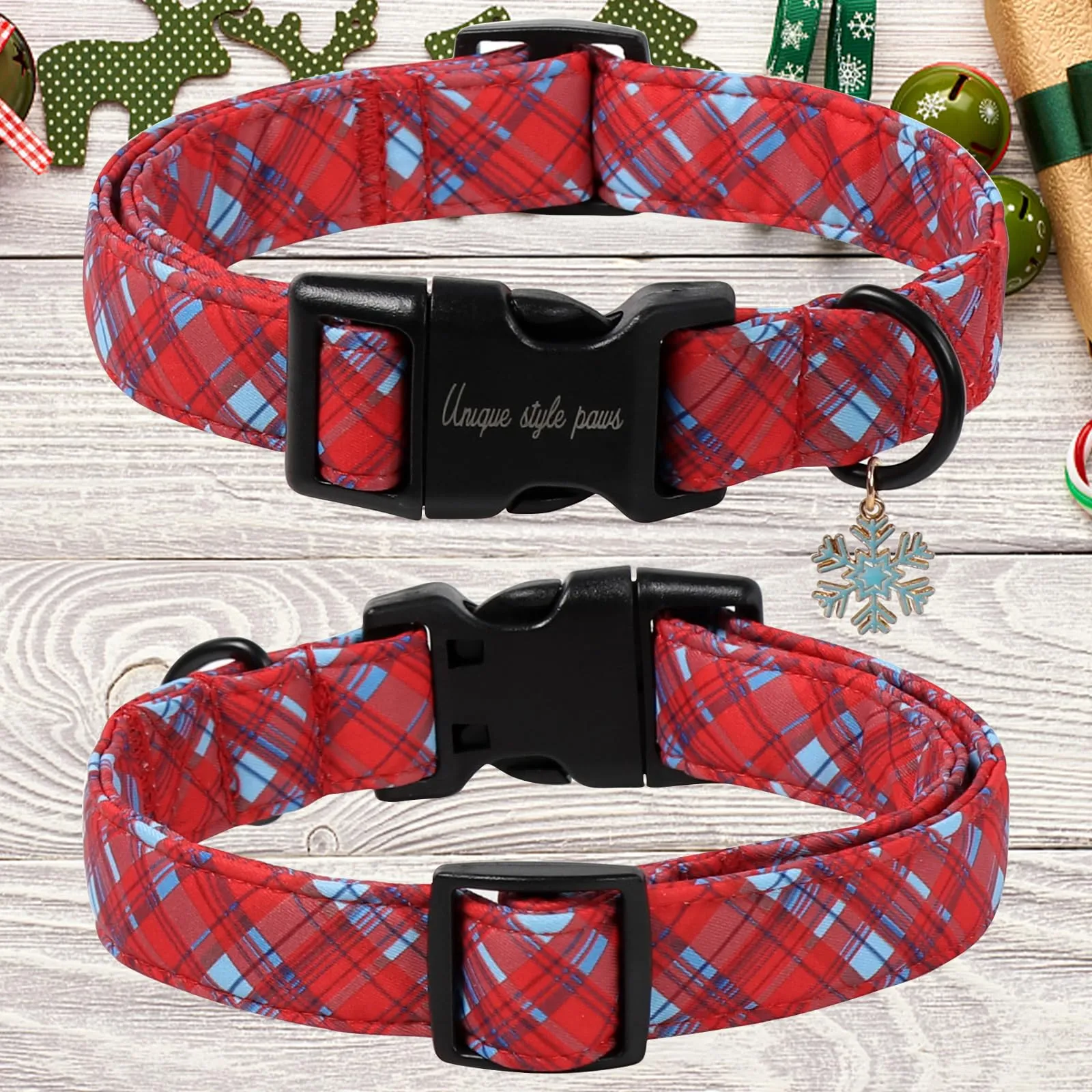 Unique style paws Collare natalizio a quadri rossi per cani con charm a fiocco di neve, collare festivo regolabile con chiusura rapida, collare natalizio per cani di tutte le taglie - immagine 2