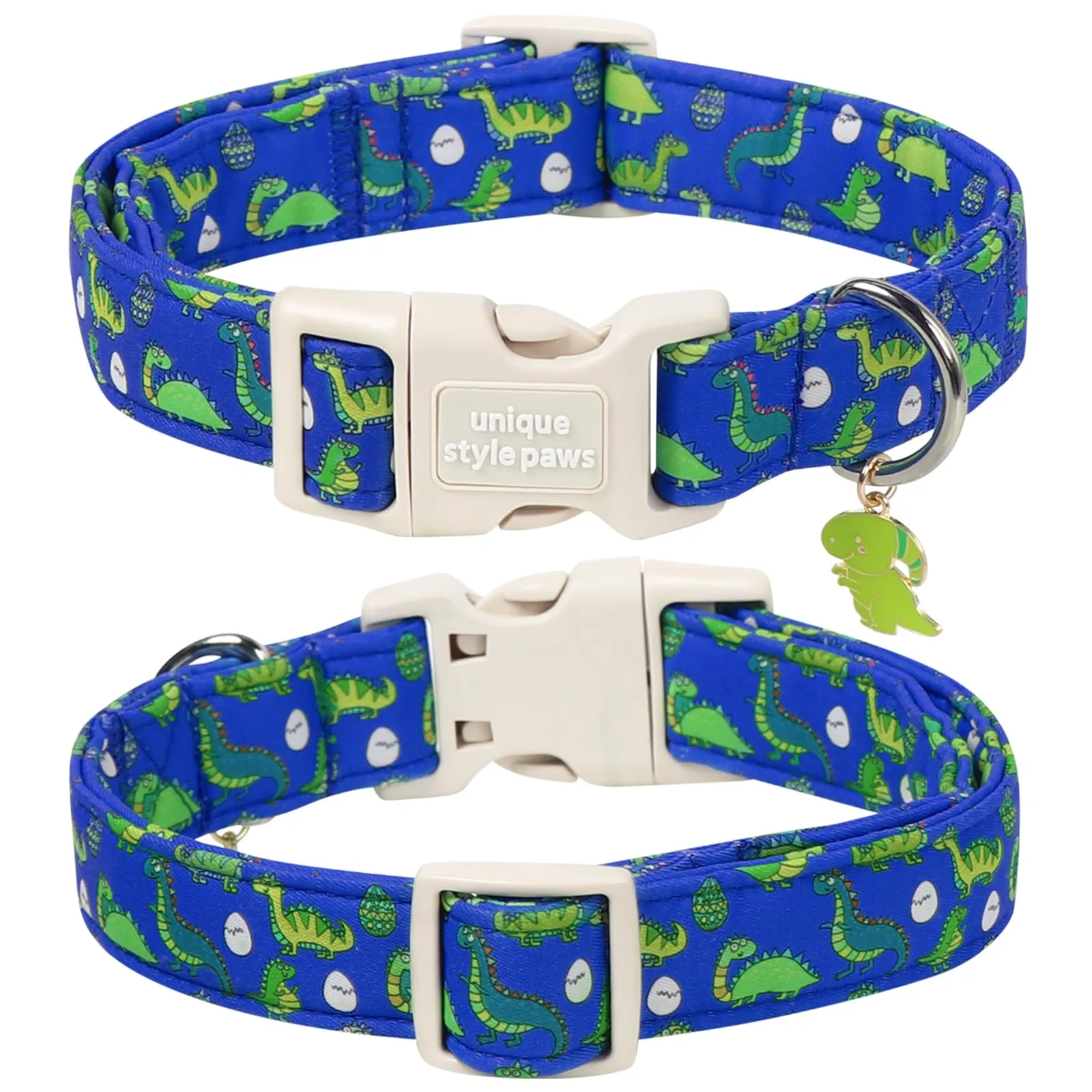 Unique Style Paws Collare per cani in cotone con ciondolo a forma di dinosauro, collare regolabile con sgancio rapido e robusto anello a D, per cani di taglia piccola, media e grande - immagine 2