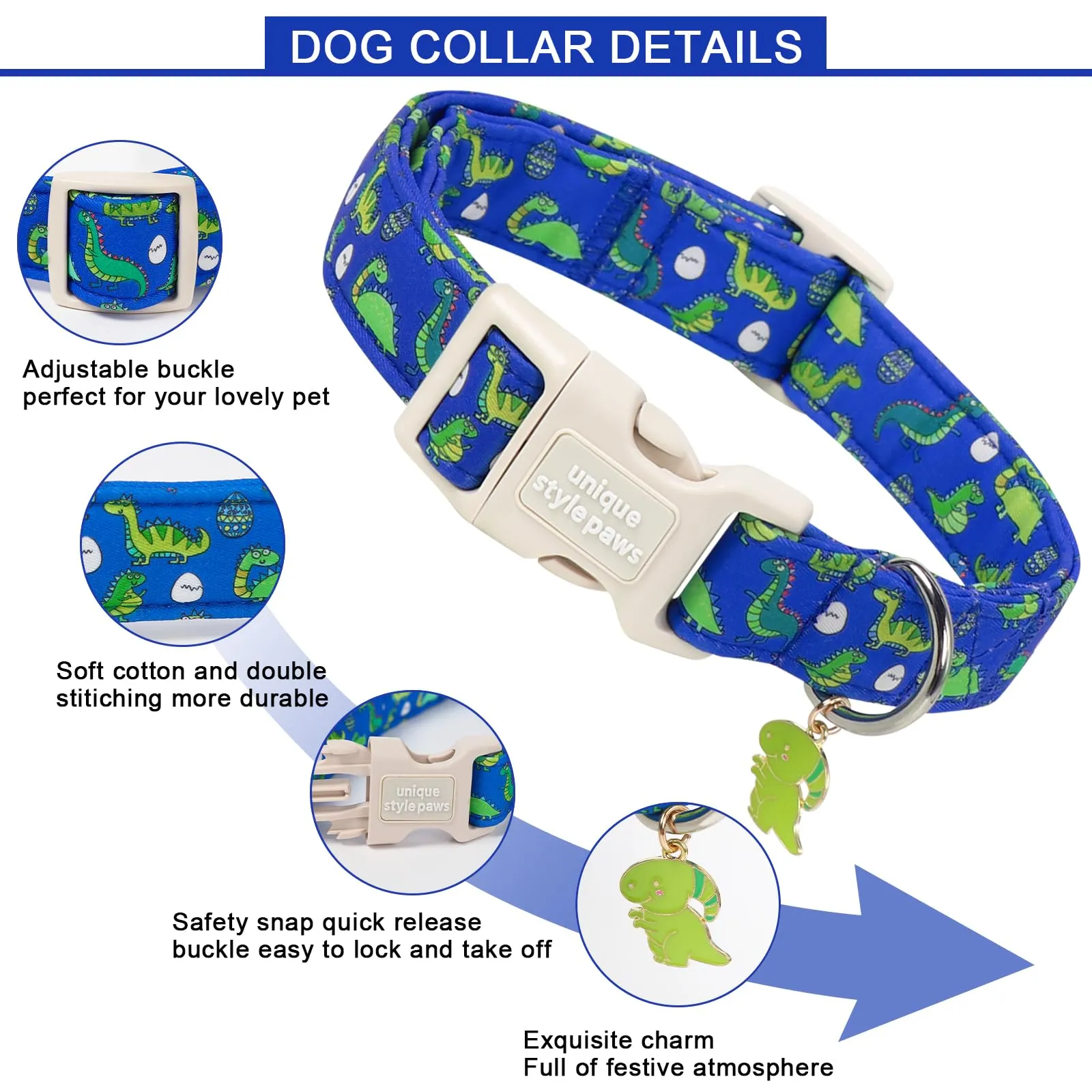 Unique Style Paws Collare per cani in cotone con ciondolo a forma di dinosauro, collare regolabile con sgancio rapido e robusto anello a D, per cani di taglia piccola, media e grande - immagine 3