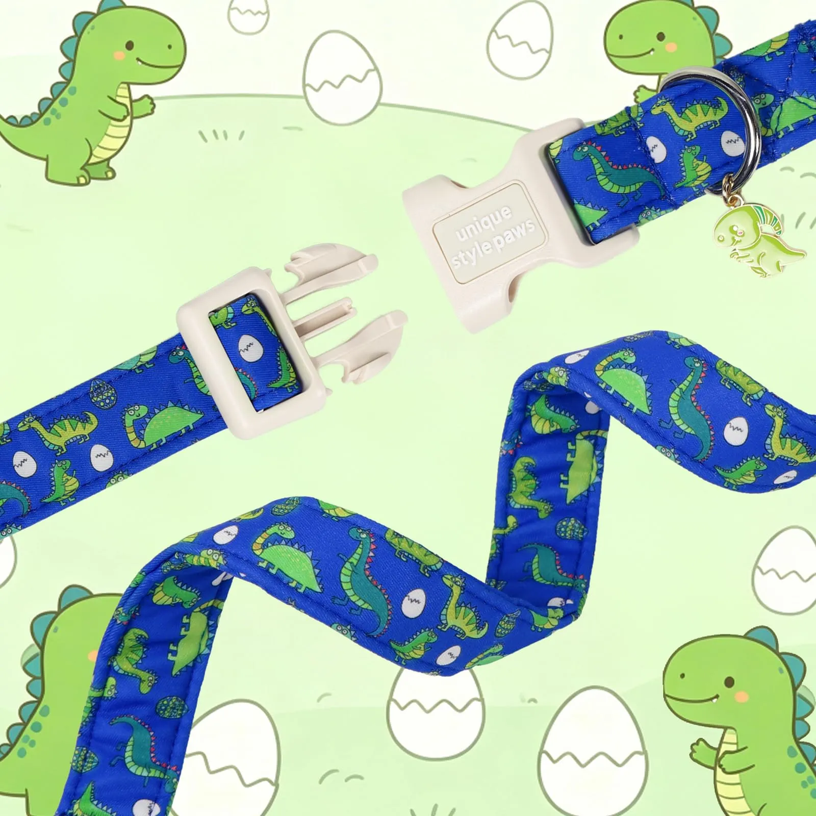 Unique Style Paws Collare per cani in cotone con ciondolo a forma di dinosauro, collare regolabile con sgancio rapido e robusto anello a D, per cani di taglia piccola, media e grande - immagine 4