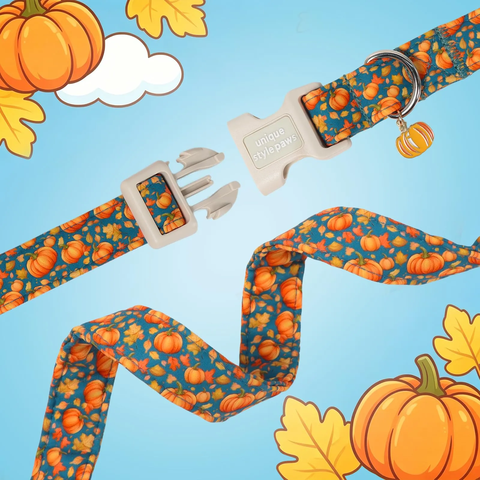 Unique Style Paws - Collare per cani in cotone di Halloween, regolabile con ciondolo a zucca, sgancio rapido, robusto anello a D, collare per cani d'autunno per cani di piccola, media e grande taglia - immagine 4