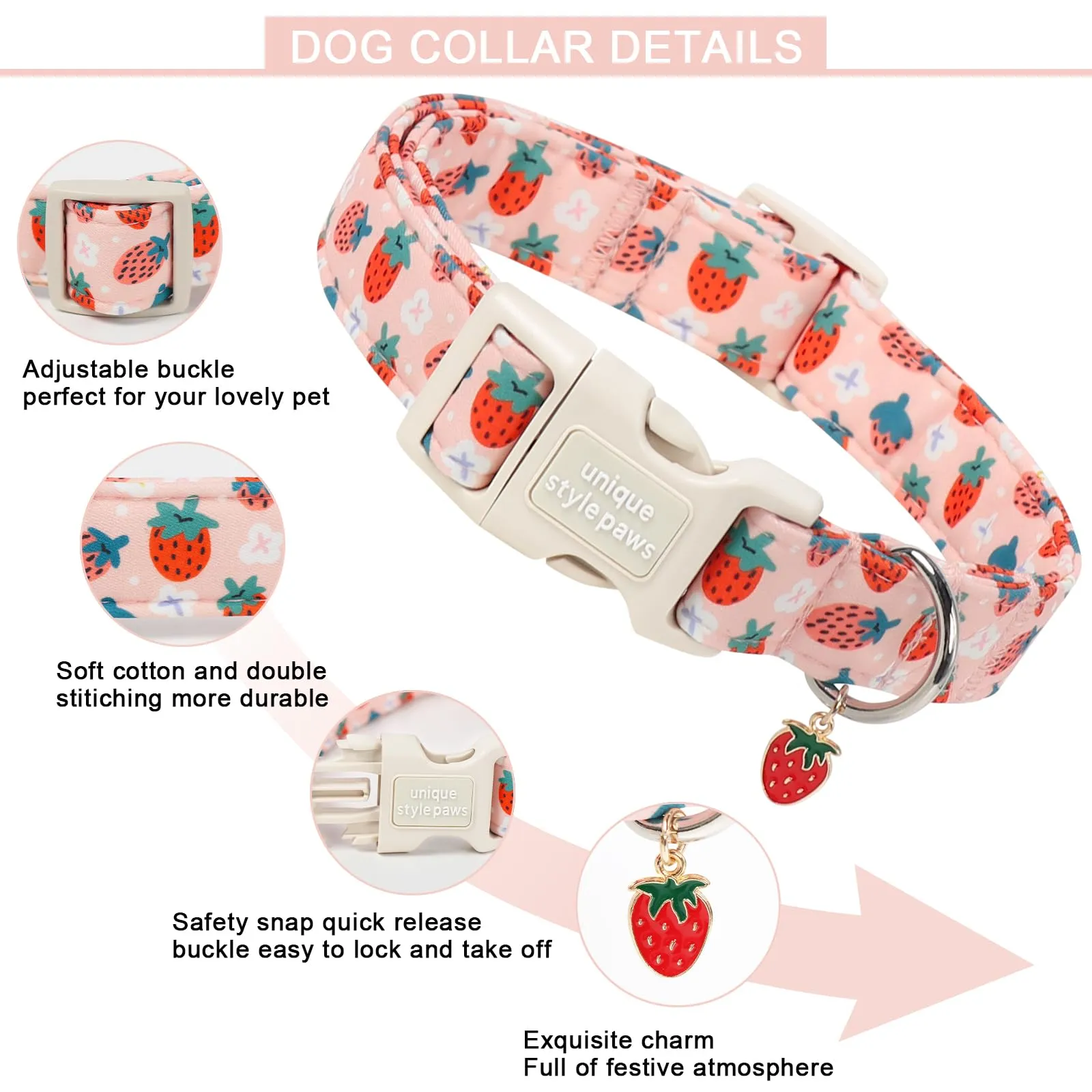 Unique style paws Collare per cani a tema fragola in cotone con ciondolo a forma di fragola, collare regolabile per cani con chiusura rapida e robusto anello a D, per cani di taglia piccola, media e - immagine 3