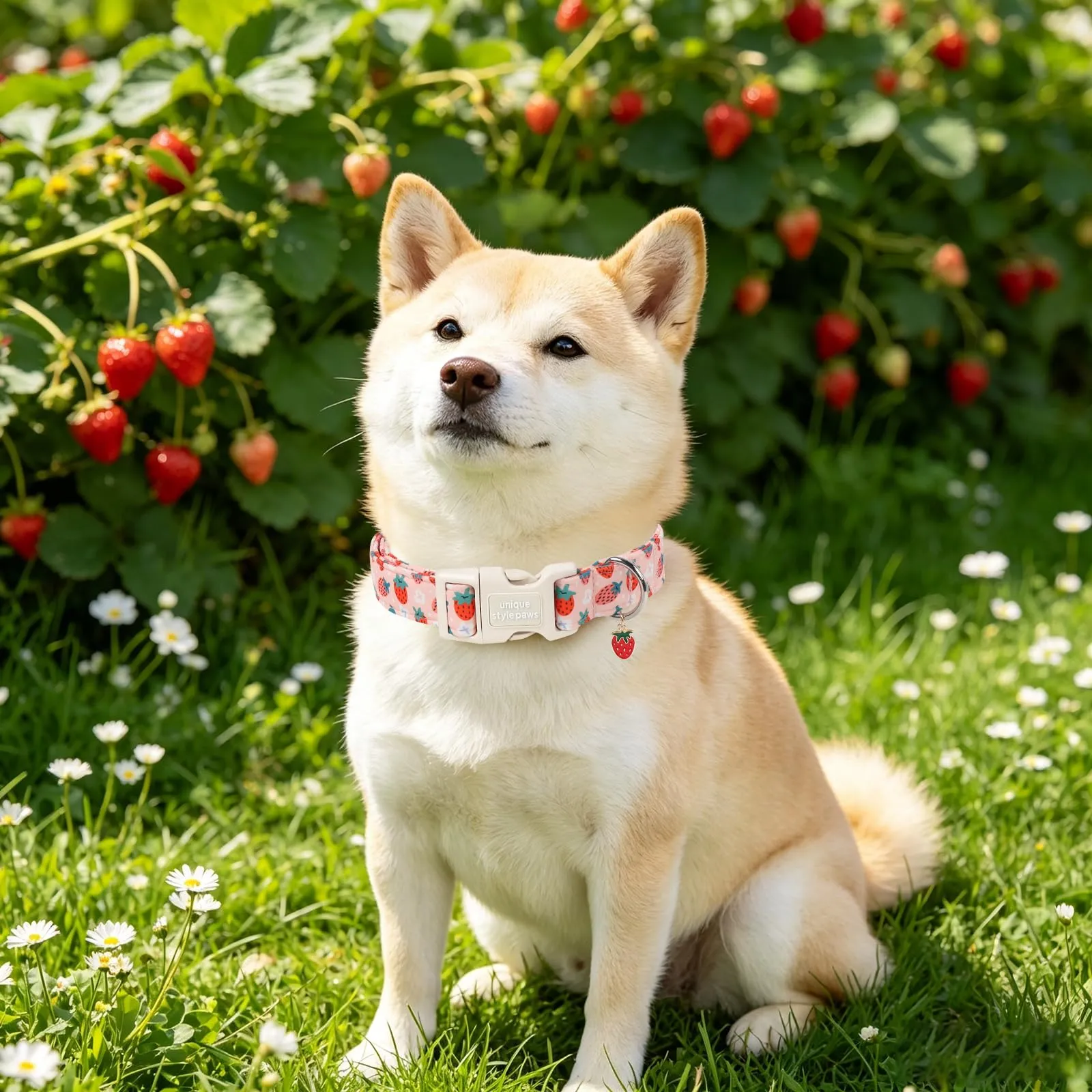 Unique style paws Collare per cani a tema fragola in cotone con ciondolo a forma di fragola, collare regolabile per cani con chiusura rapida e robusto anello a D, per cani di taglia piccola, media e - immagine 6