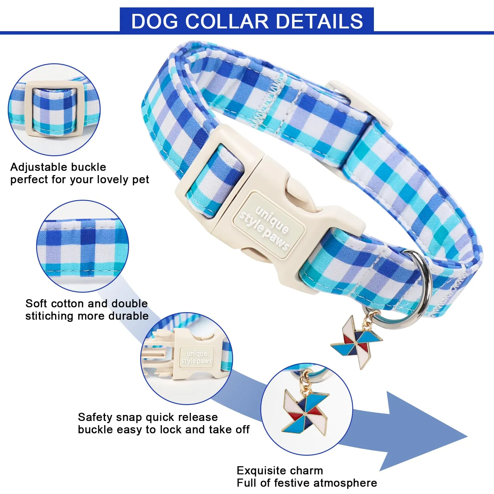 Unique Style Paws Collare per cani in cotone a quadri blu con ciondolo a forma di mulino a vento, collare regolabile con sgancio rapido e robusto anello a D per cani di taglia piccola, media e grande - immagine 3