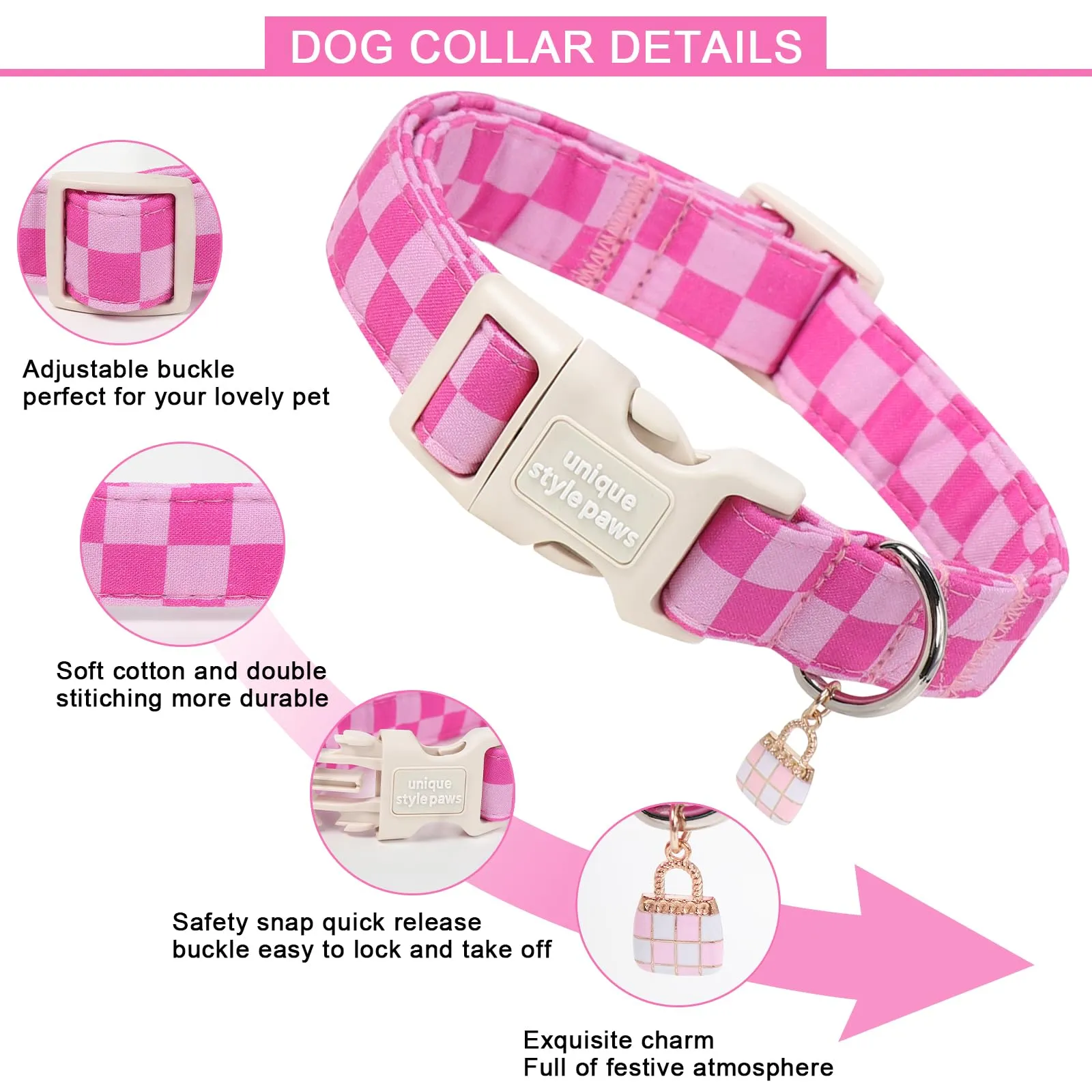 Unique Style Paws Collare per Cani in Cotone Rosa a Quadri con Pendente a Forma di Cupcake, Collare Regolabile con Rilascio Rapido e Robusto Anello a D per Cani di Piccola, Media e Grande Taglia - immagine 3