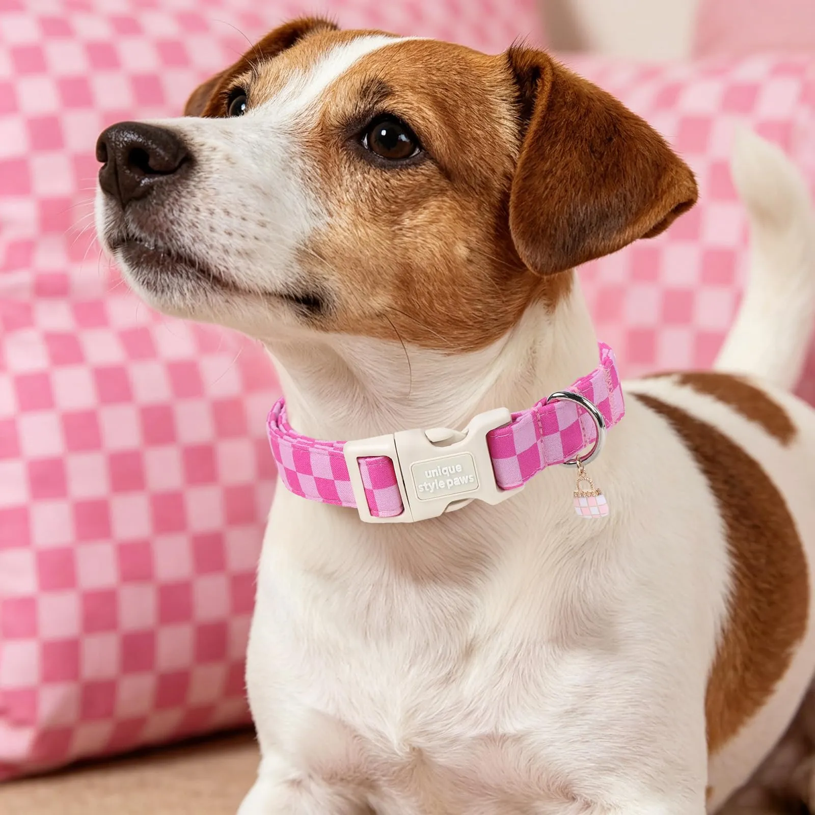 Unique Style Paws Collare per Cani in Cotone Rosa a Quadri con Pendente a Forma di Cupcake, Collare Regolabile con Rilascio Rapido e Robusto Anello a D per Cani di Piccola, Media e Grande Taglia - immagine 6