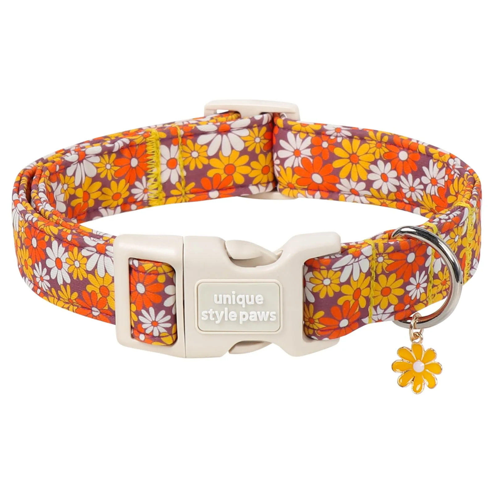 Unique Style Paws Collare per cani in cotone con ciondolo a fiore, collare regolabile per cani con sgancio rapido e robusto anello a D, motivo floreale arancione per cani di taglia piccola - immagine 1