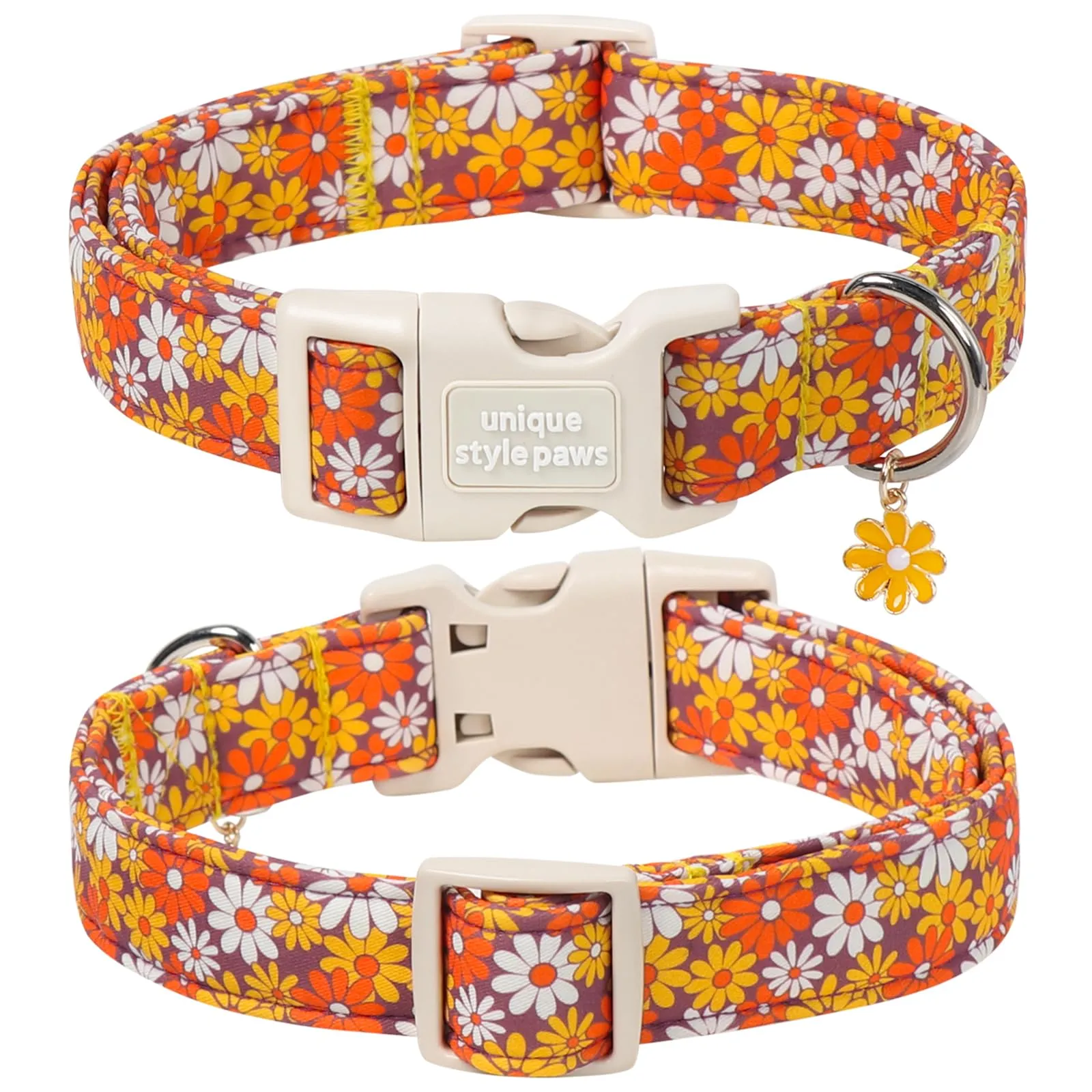 Unique Style Paws Collare per cani in cotone con ciondolo a fiore, collare regolabile per cani con sgancio rapido e robusto anello a D, motivo floreale arancione per cani di taglia piccola - immagine 2