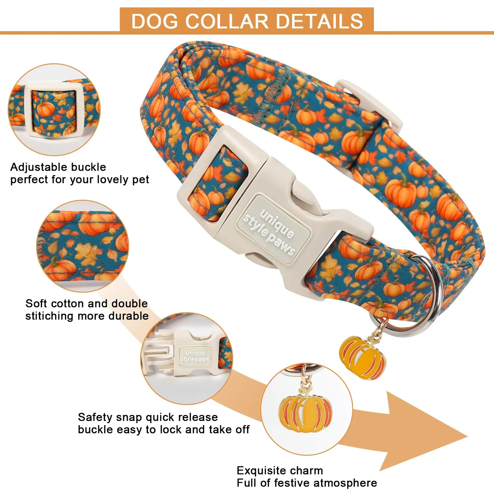Unique style paws Collare per cani in cotone, regolabile con ciondolo a forma di zucca, chiusura rapida, robusto anello a D, collare autunnale per cani di taglia piccola, media e grande - immagine 3
