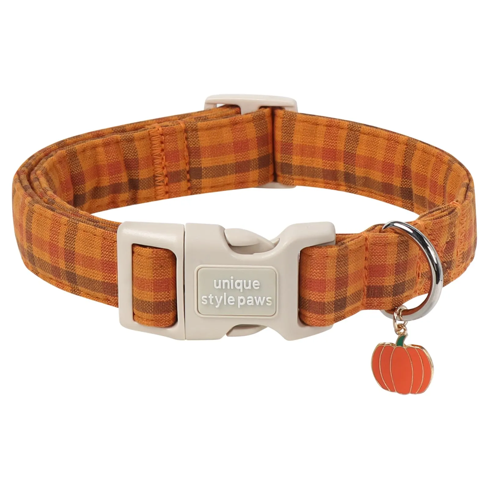 Unique Style Paws Collare per cani autunnale in cotone, regolabile con ciondolo a forma di zucca, sgancio rapido, robusto anello a D, collare per cani a quadretti per cani di taglia piccola - immagine 1