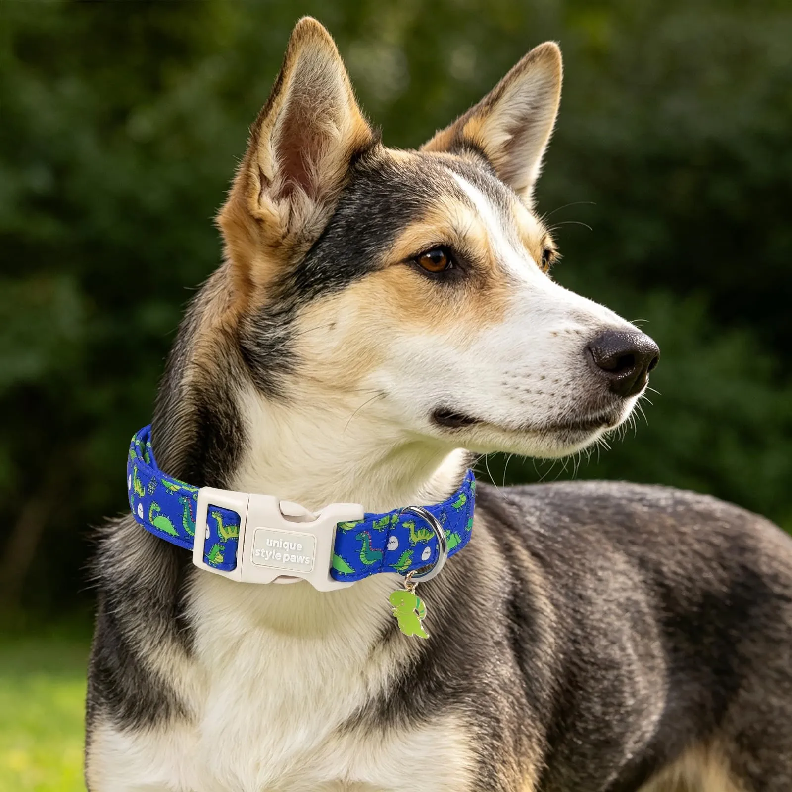 Unique Style Paws Collare per cani in cotone con ciondolo a forma di dinosauro, collare regolabile con sgancio rapido e robusto anello a D, per cani di taglia piccola, media e grande - immagine 5