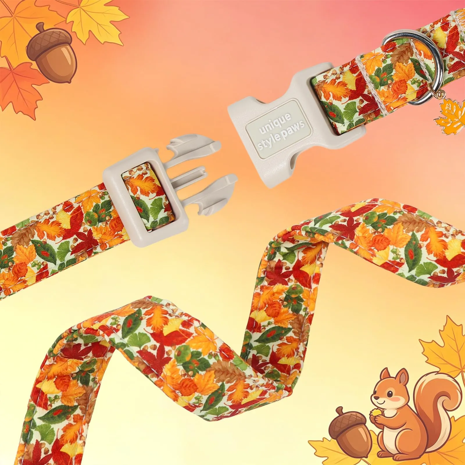 Unique style paws Collare per cani autunnale in cotone, regolabile con ciondolo a foglia d'acero, chiusura rapida, robusto anello a D, collare per cani con foglie autunnali, per cani di taglia piccola - immagine 4