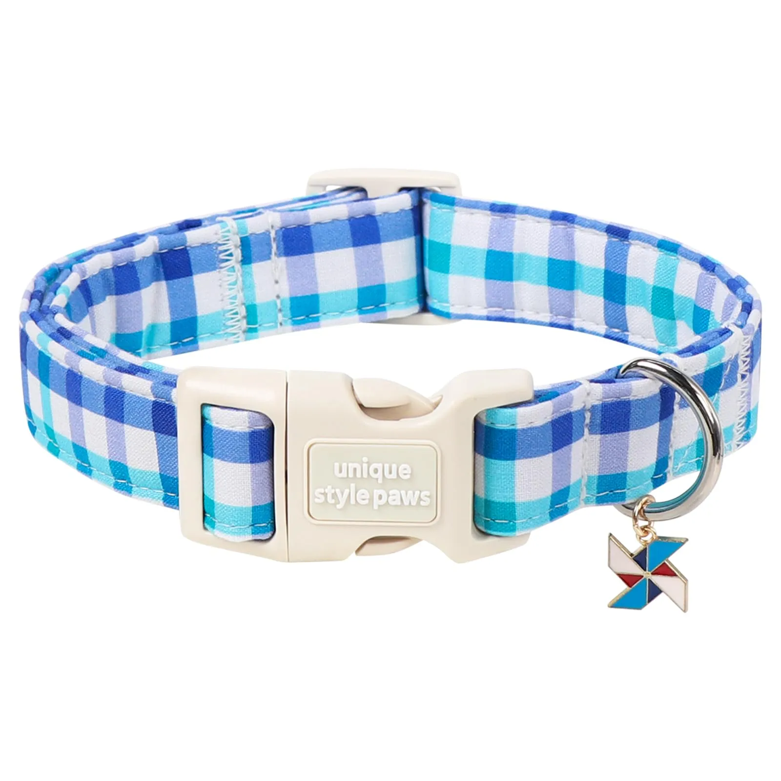 Unique style paws Collare per cani a quadretti blu in cotone con ciondolo a girandola, collare regolabile per cani con chiusura rapida e robusto anello a D, per cani di taglia piccola, media e grande - immagine 1