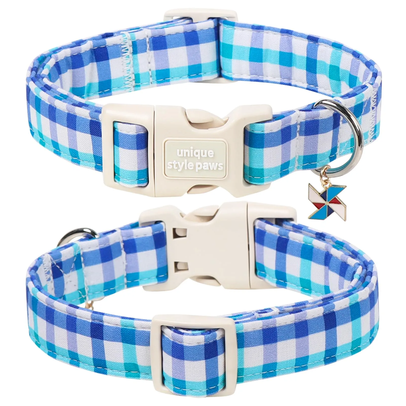 Unique style paws Collare per cani a quadretti blu in cotone con ciondolo a girandola, collare regolabile per cani con chiusura rapida e robusto anello a D, per cani di taglia piccola, media e grande - immagine 2
