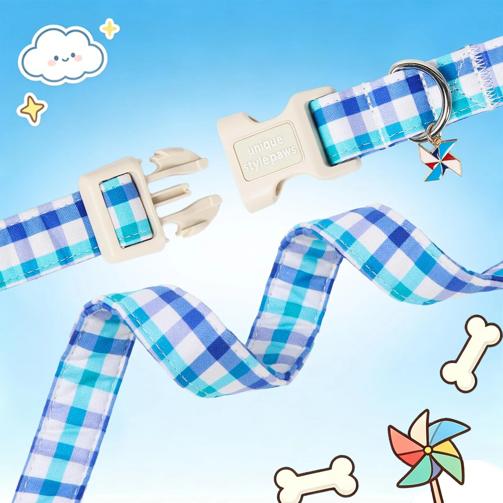 Unique style paws Collare per cani a quadretti blu in cotone con ciondolo a girandola, collare regolabile per cani con chiusura rapida e robusto anello a D, per cani di taglia piccola, media e grande - immagine 4