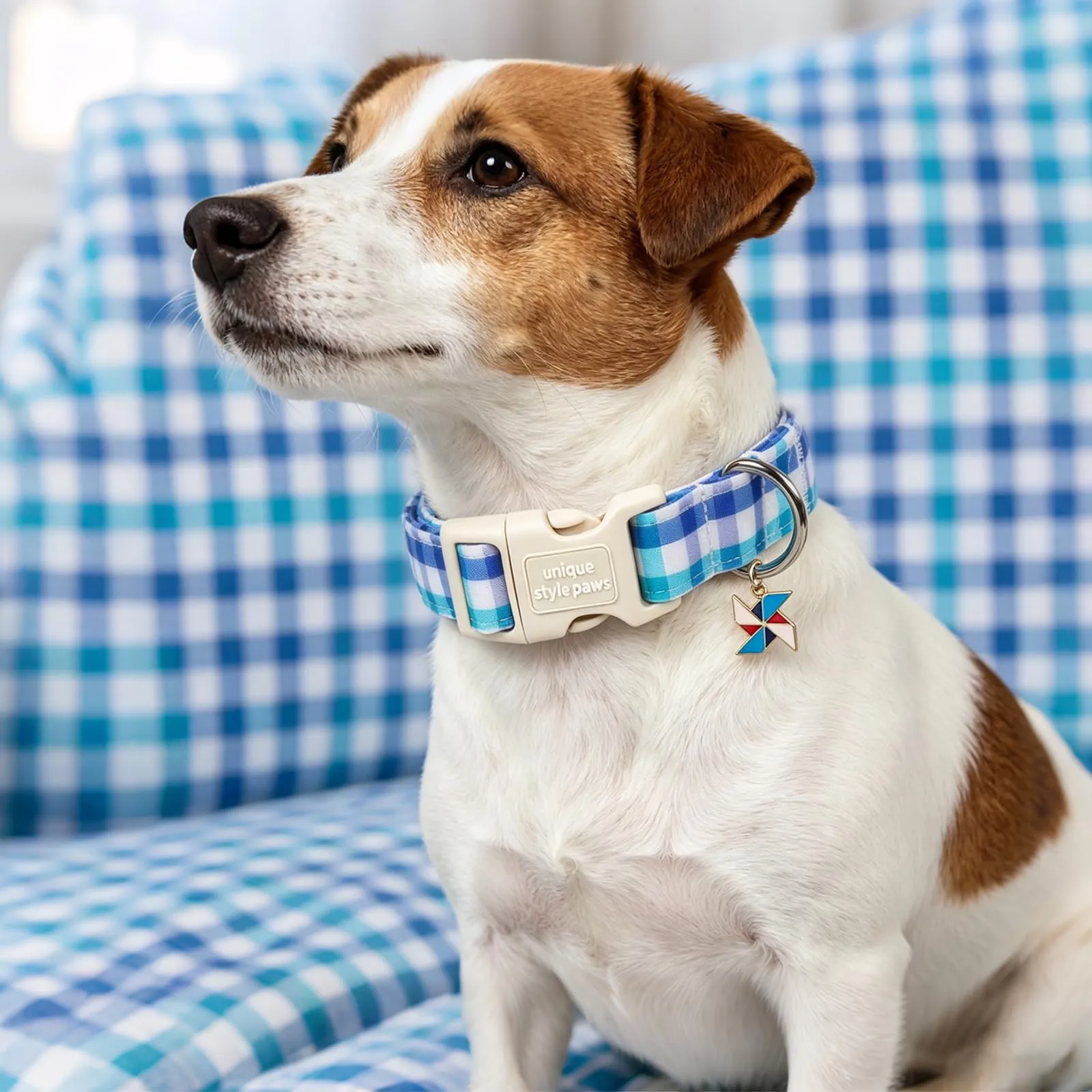 Unique style paws Collare per cani a quadretti blu in cotone con ciondolo a girandola, collare regolabile per cani con chiusura rapida e robusto anello a D, per cani di taglia piccola, media e grande - immagine 6