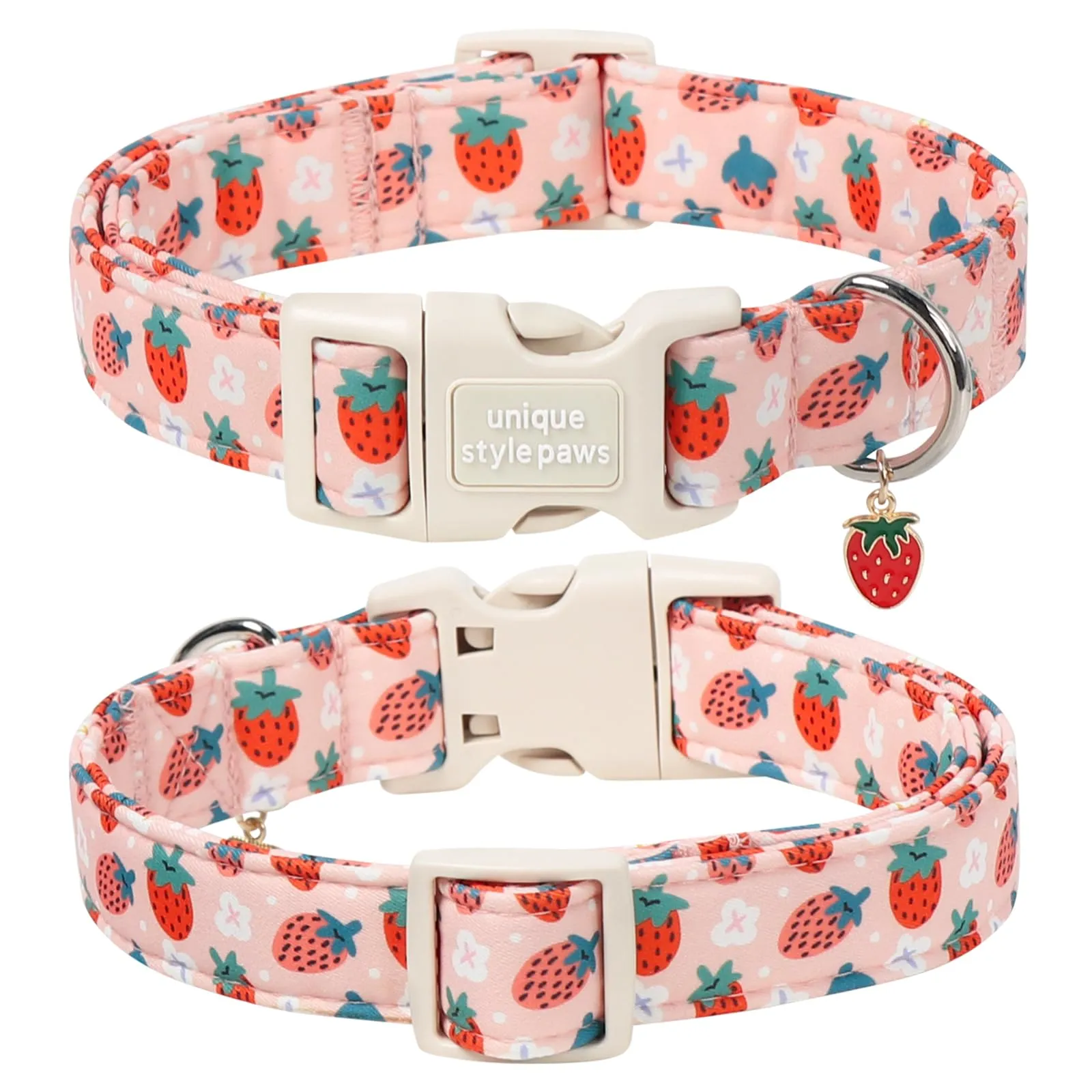 Unique Style Paws Collare per cani in cotone con motivo a fragola e ciondolo a forma di fragola, collare regolabile con sgancio rapido e robusto anello a D per cani di taglia piccola, media e grande - immagine 2
