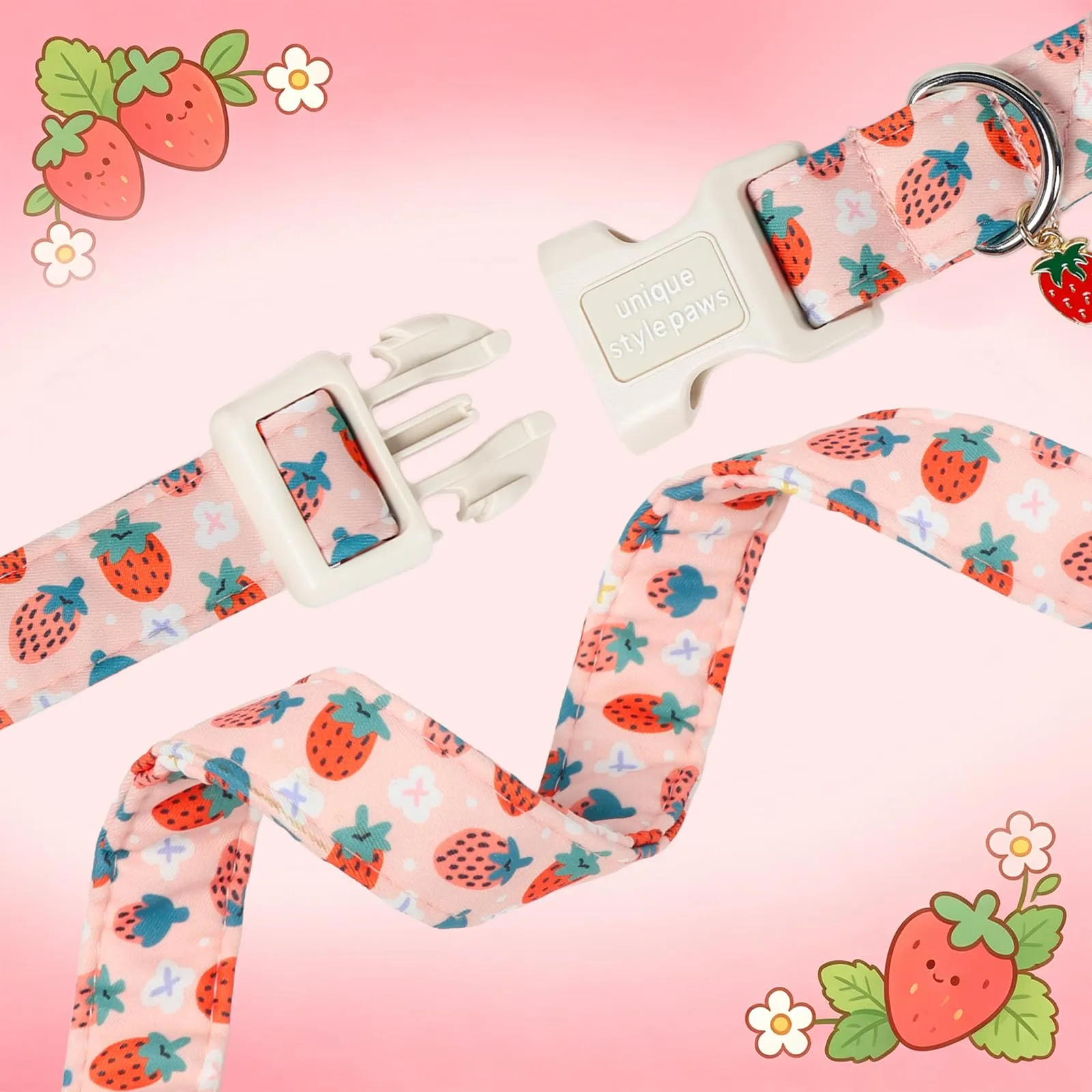 Unique Style Paws Collare per cani in cotone con motivo a fragola e ciondolo a forma di fragola, collare regolabile con sgancio rapido e robusto anello a D per cani di taglia piccola, media e grande - immagine 4
