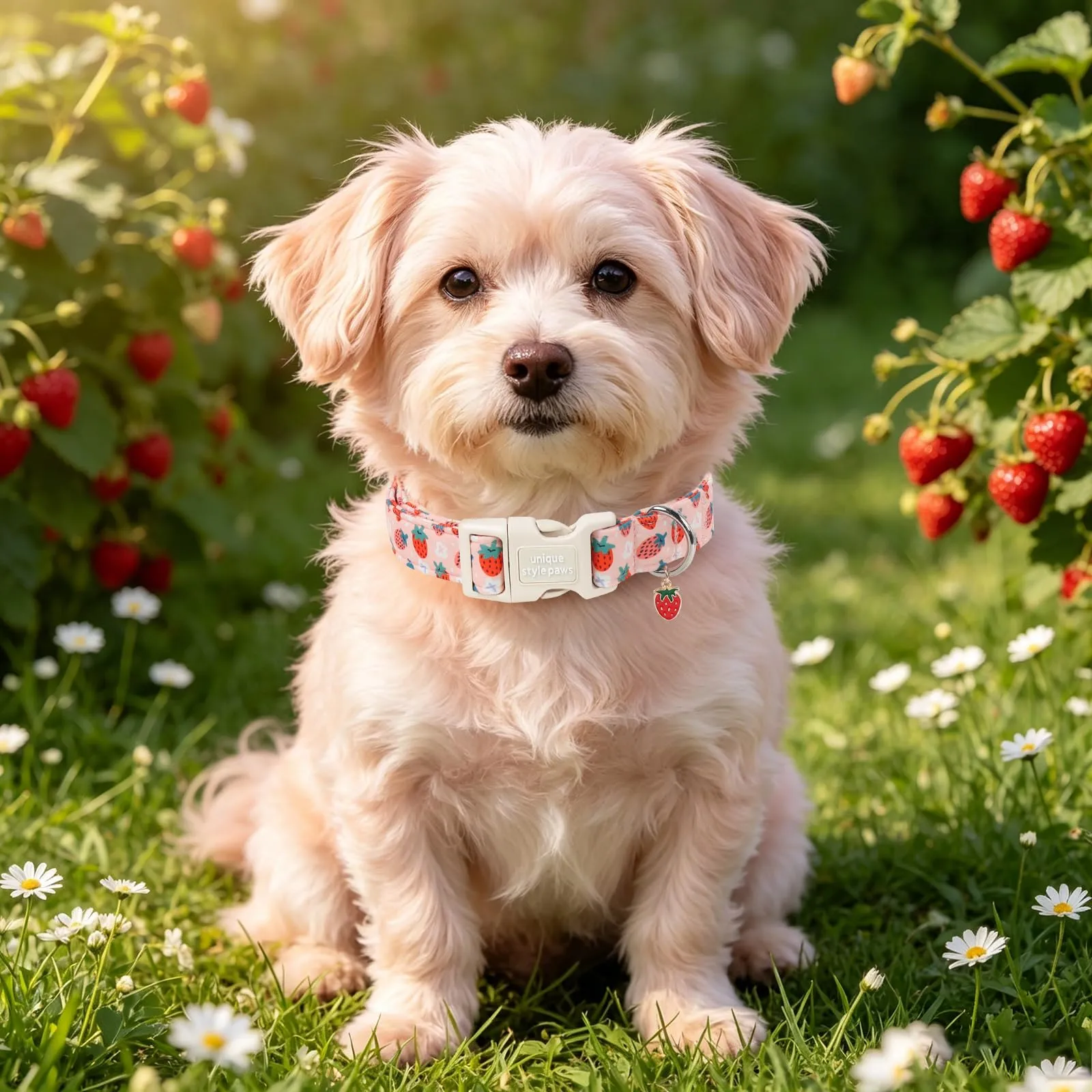 Unique Style Paws Collare per cani in cotone con motivo a fragola e ciondolo a forma di fragola, collare regolabile con sgancio rapido e robusto anello a D per cani di taglia piccola, media e grande - immagine 5