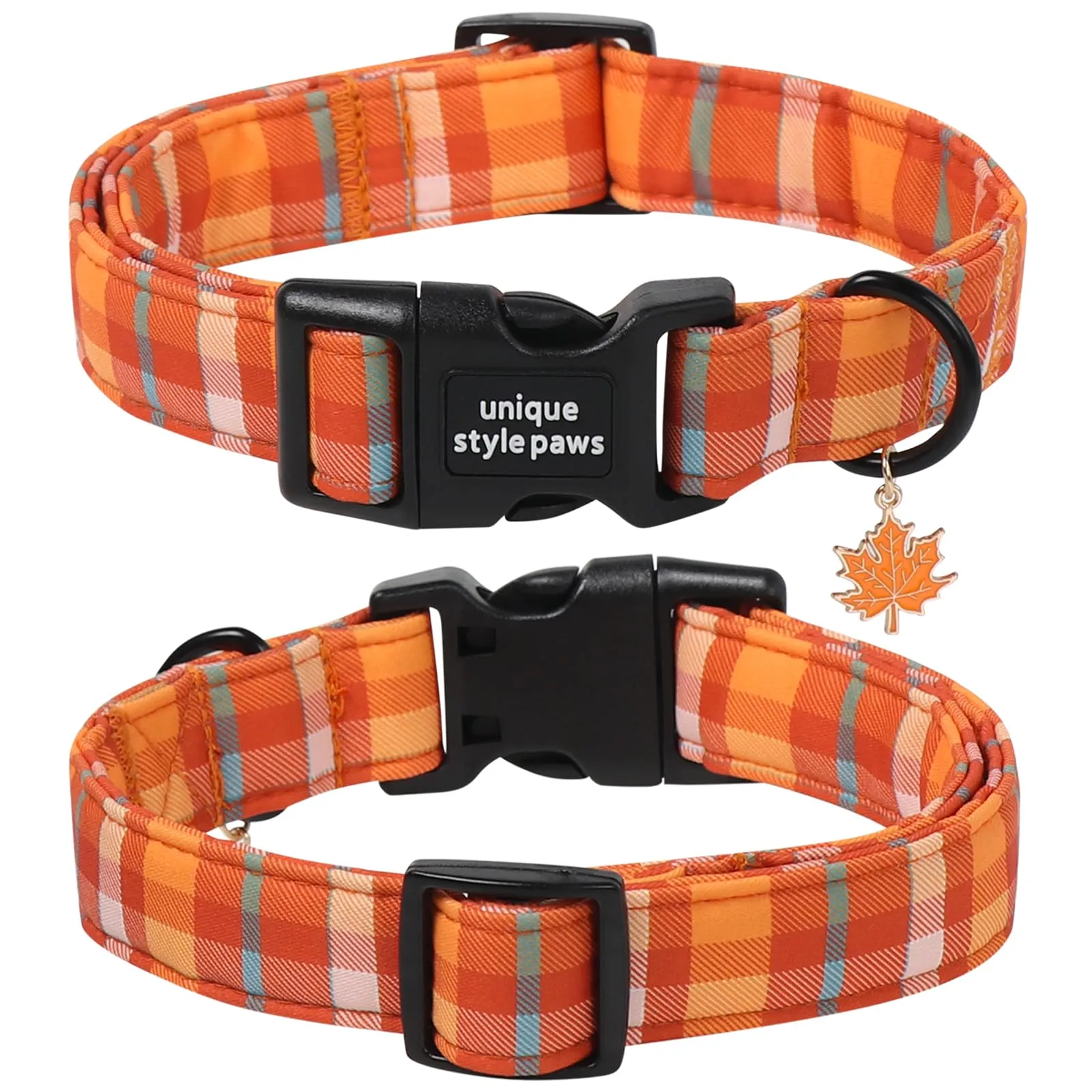 Unique Style Paws Collare per cani in cotone a quadri con ciondolo a forma di foglia d'acero, collare per cani regolabile con sgancio rapido e robusto anello a D per cani di taglia piccola - immagine 2