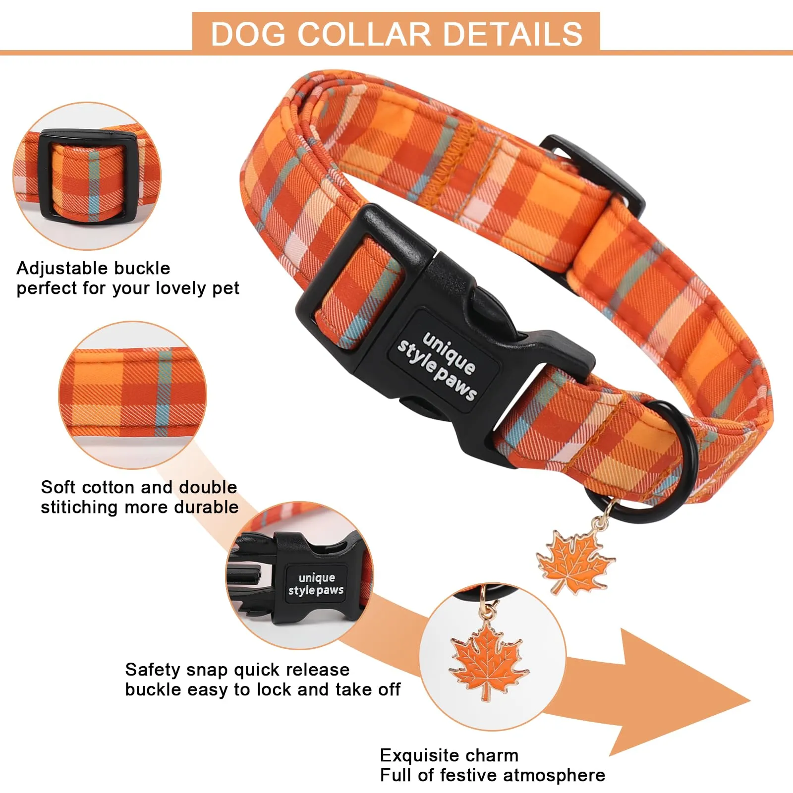 Unique Style Paws Collare per cani in cotone a quadri con ciondolo a forma di foglia d'acero, collare per cani regolabile con sgancio rapido e robusto anello a D per cani di taglia piccola - immagine 3
