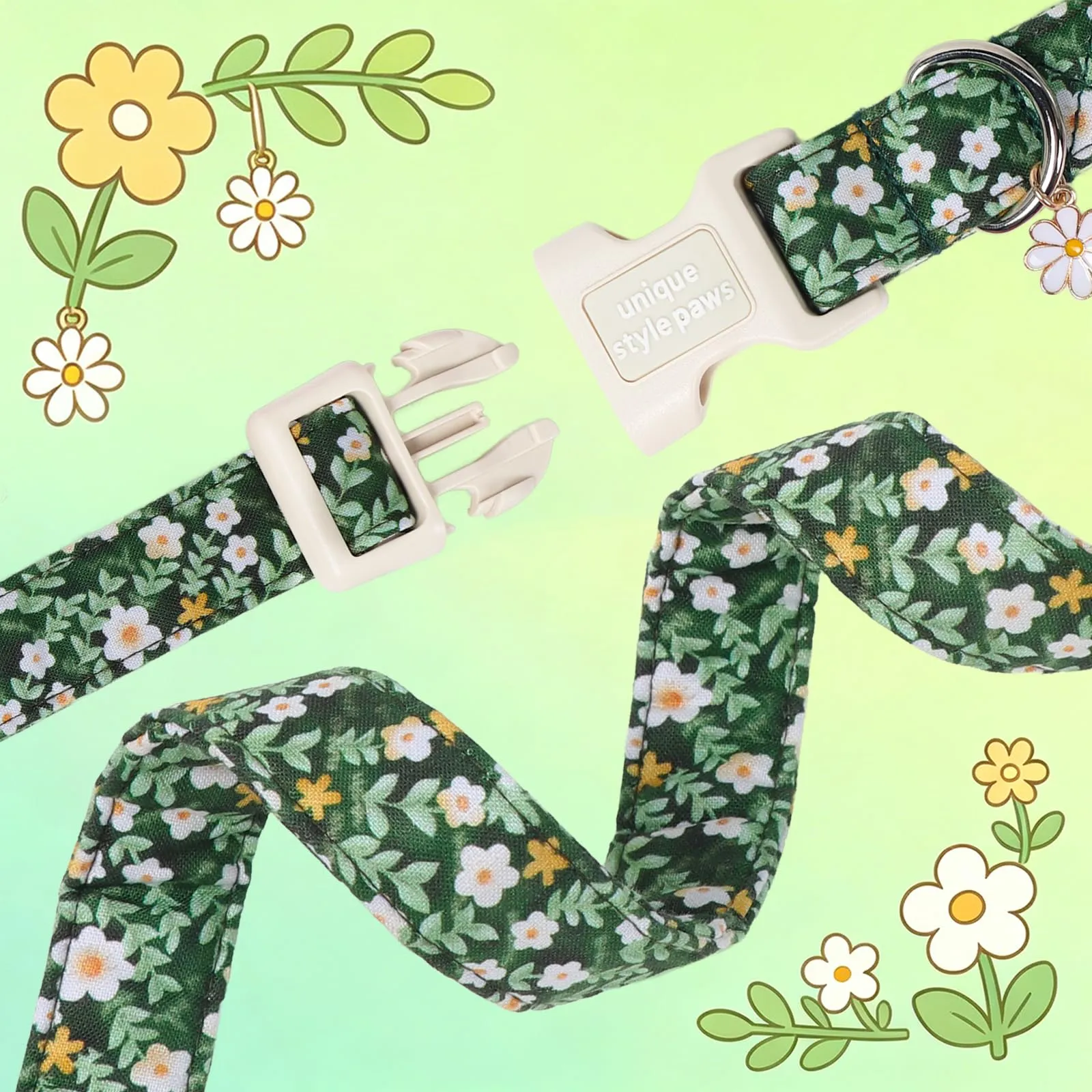 Unique style paws Collare per cani in cotone con ciondolo a forma di fiori, regolabile con chiusura rapida e robusto anello a D, per cani di taglia piccola, media e grande - immagine 4