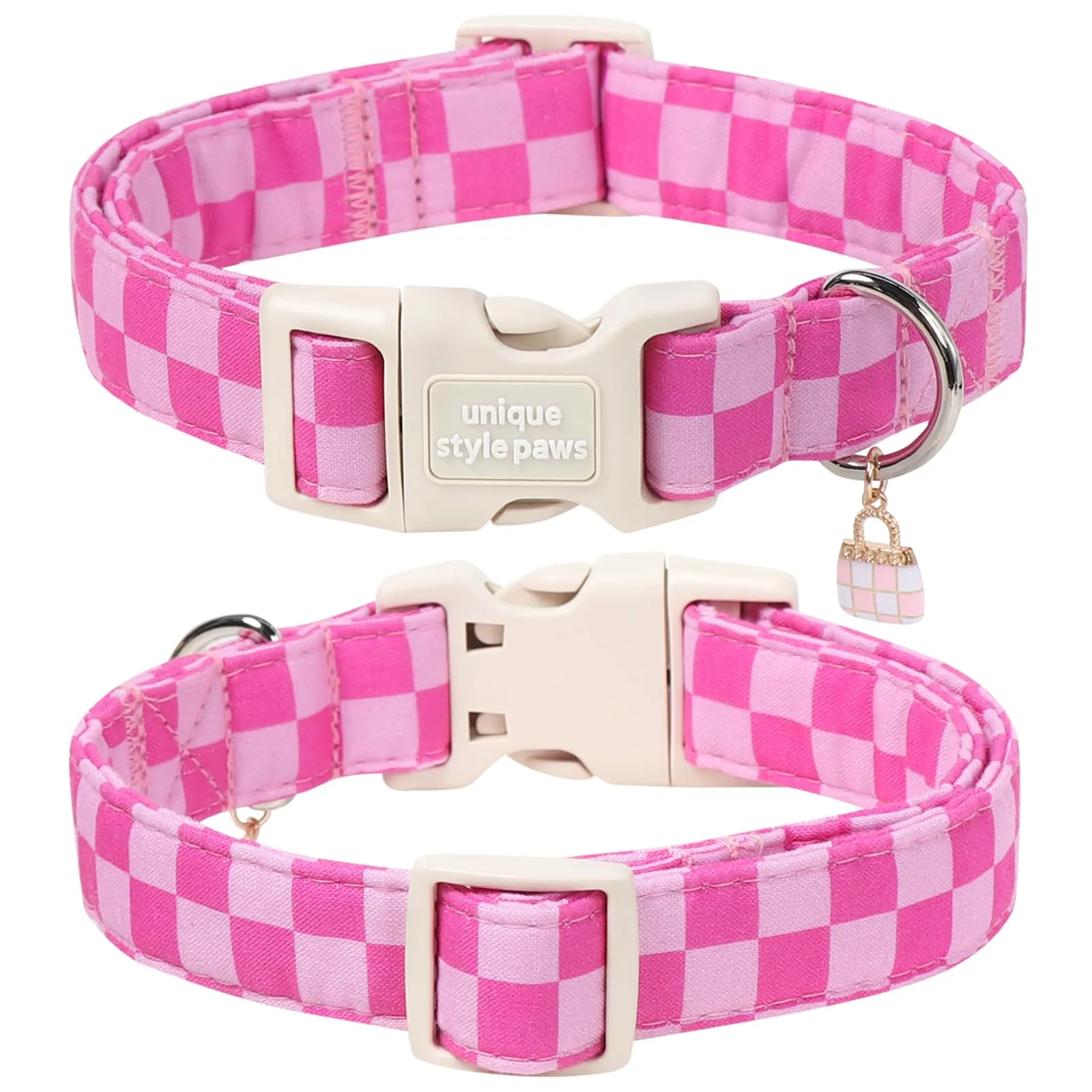 Unique Style Paws Collare per cani con motivo a quadretti rosa in cotone con ciondolo a forma di cupcake, collare regolabile per cani con rilascio rapido e robusto anello a D per cani di piccola - immagine 2