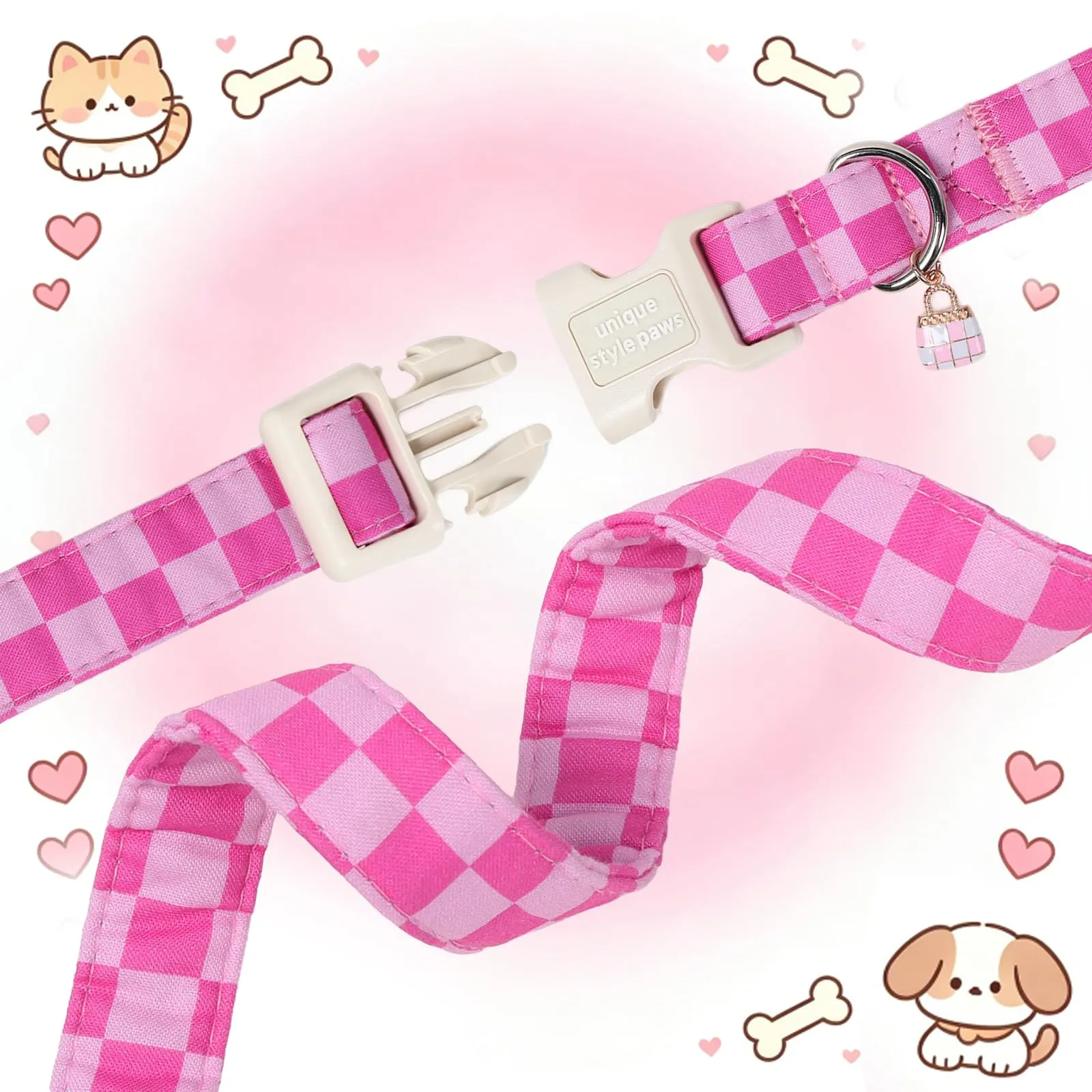 Unique Style Paws Collare per cani con motivo a quadretti rosa in cotone con ciondolo a forma di cupcake, collare regolabile per cani con rilascio rapido e robusto anello a D per cani di piccola - immagine 4