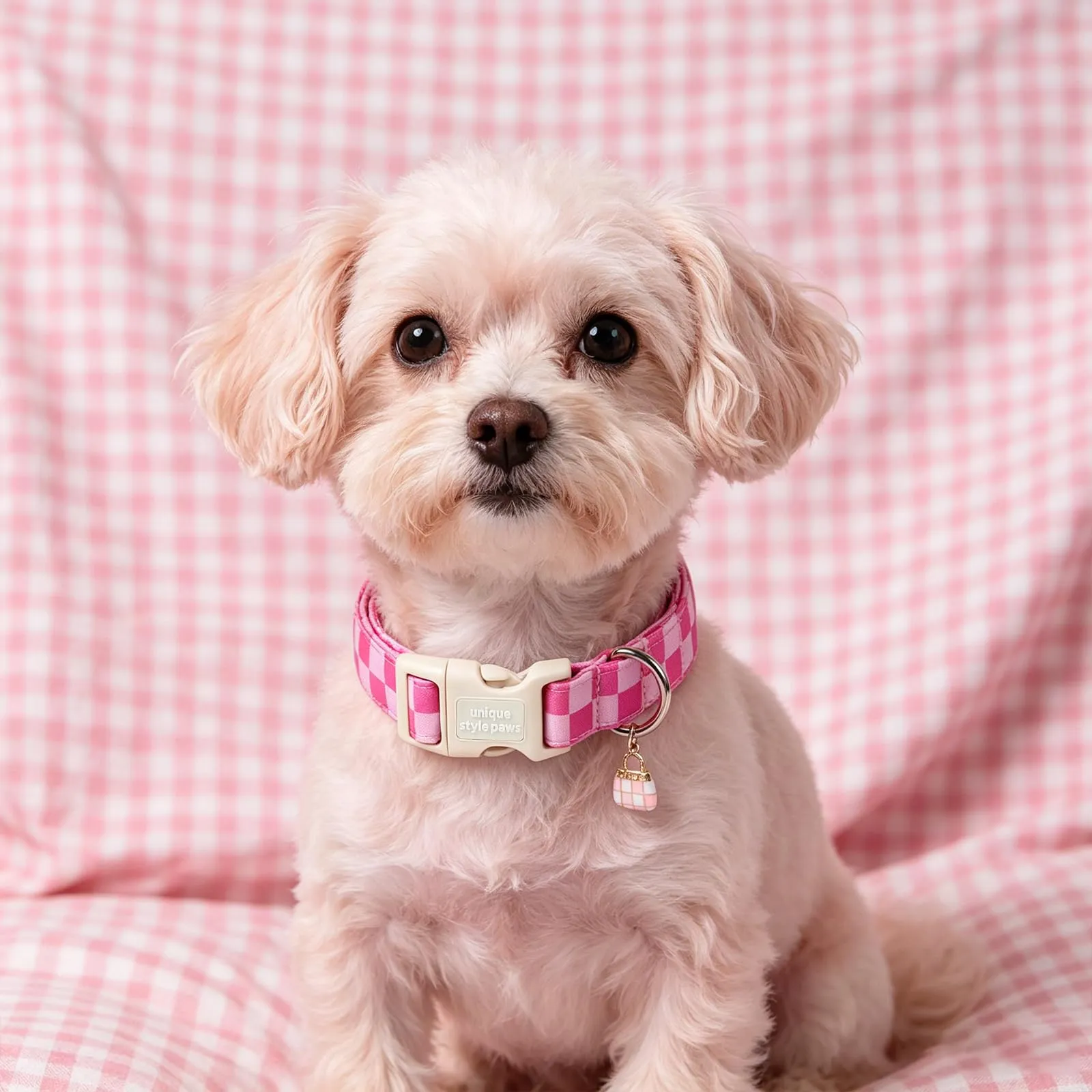 Unique Style Paws Collare per cani con motivo a quadretti rosa in cotone con ciondolo a forma di cupcake, collare regolabile per cani con rilascio rapido e robusto anello a D per cani di piccola - immagine 5