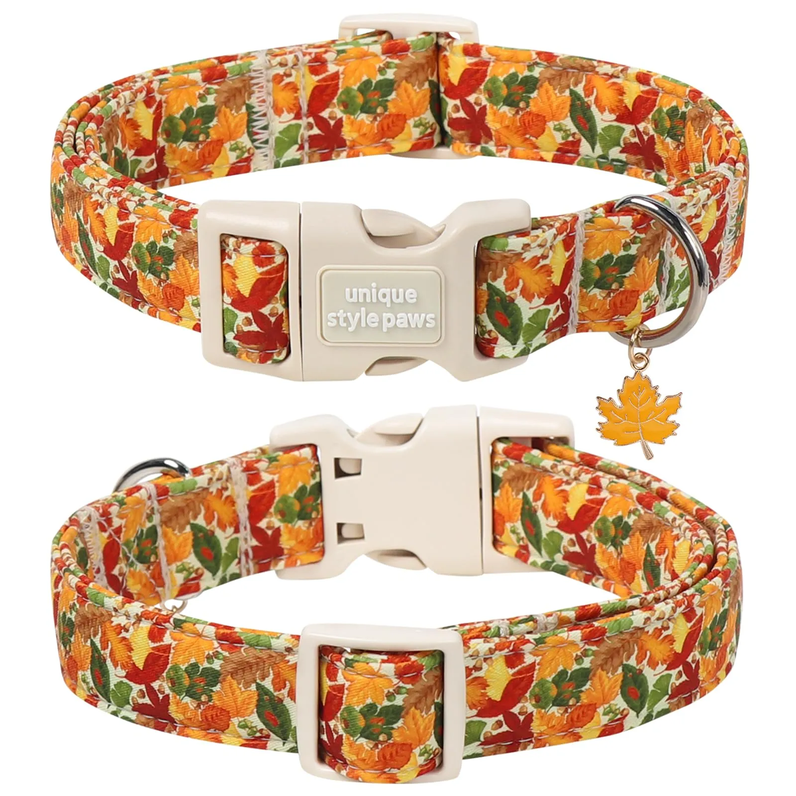 Unique Style Paws Collare autunnale in cotone per cani, regolabile con ciondolo a forma di foglia d'acero, sgancio rapido, robusto anello a D, collare per cani con foglie autunnali per cani di taglia - immagine 2