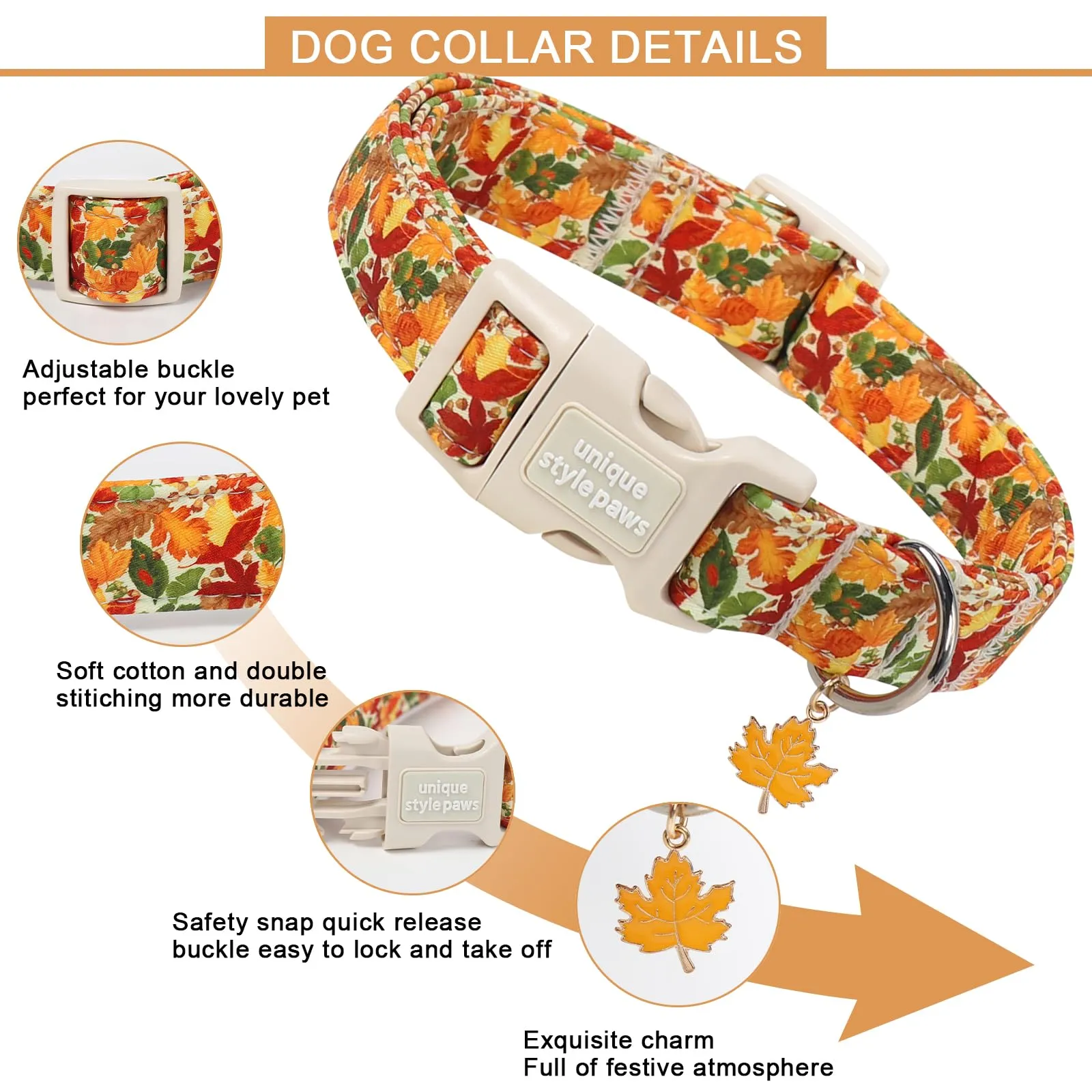 Unique Style Paws Collare autunnale in cotone per cani, regolabile con ciondolo a forma di foglia d'acero, sgancio rapido, robusto anello a D, collare per cani con foglie autunnali per cani di taglia - immagine 3
