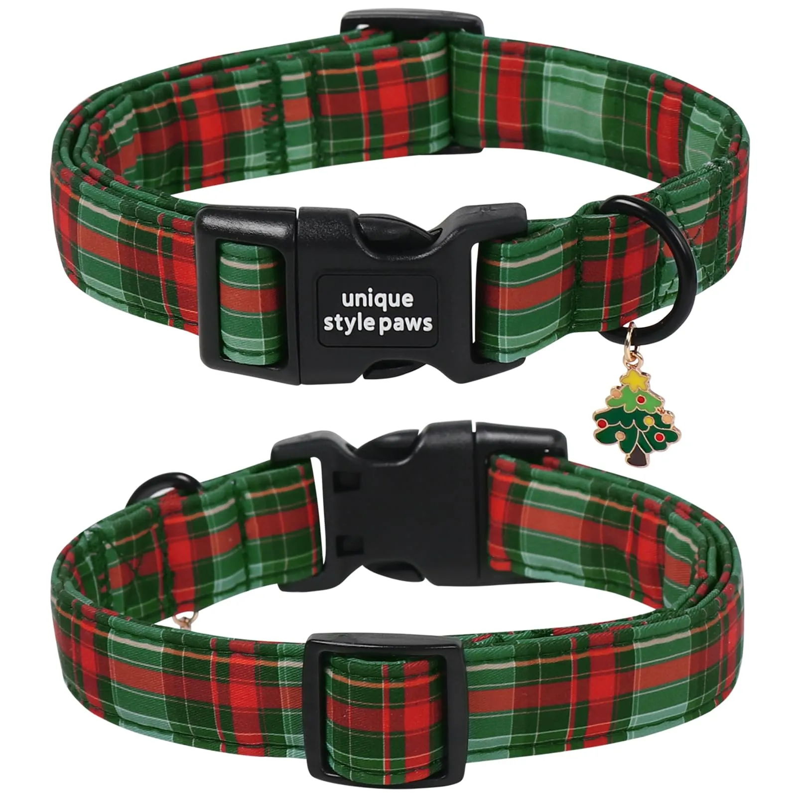 Unique Style Paws Collare per cani in cotone natalizio, regolabile con ciondolo a forma di albero di Natale, sgancio rapido, robusto anello a D, collare per cani a quadretti verdi per cani di taglia - immagine 2