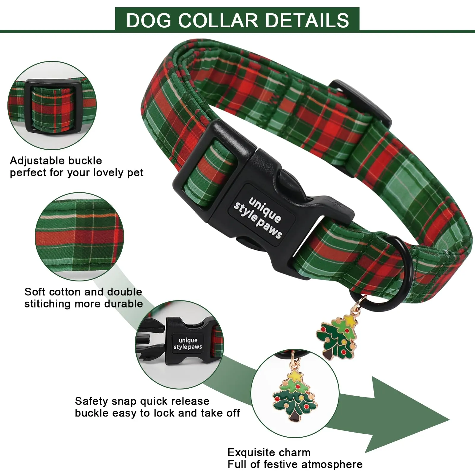 Unique Style Paws Collare per cani in cotone natalizio, regolabile con ciondolo a forma di albero di Natale, sgancio rapido, robusto anello a D, collare per cani a quadretti verdi per cani di taglia - immagine 3