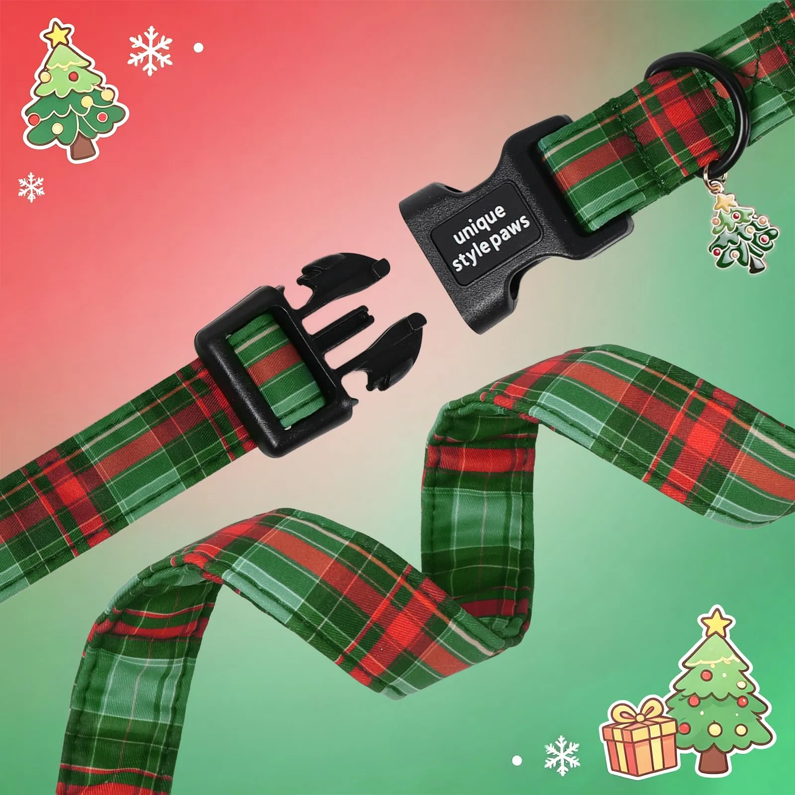 Unique Style Paws Collare per cani in cotone natalizio, regolabile con ciondolo a forma di albero di Natale, sgancio rapido, robusto anello a D, collare per cani a quadretti verdi per cani di taglia - immagine 4